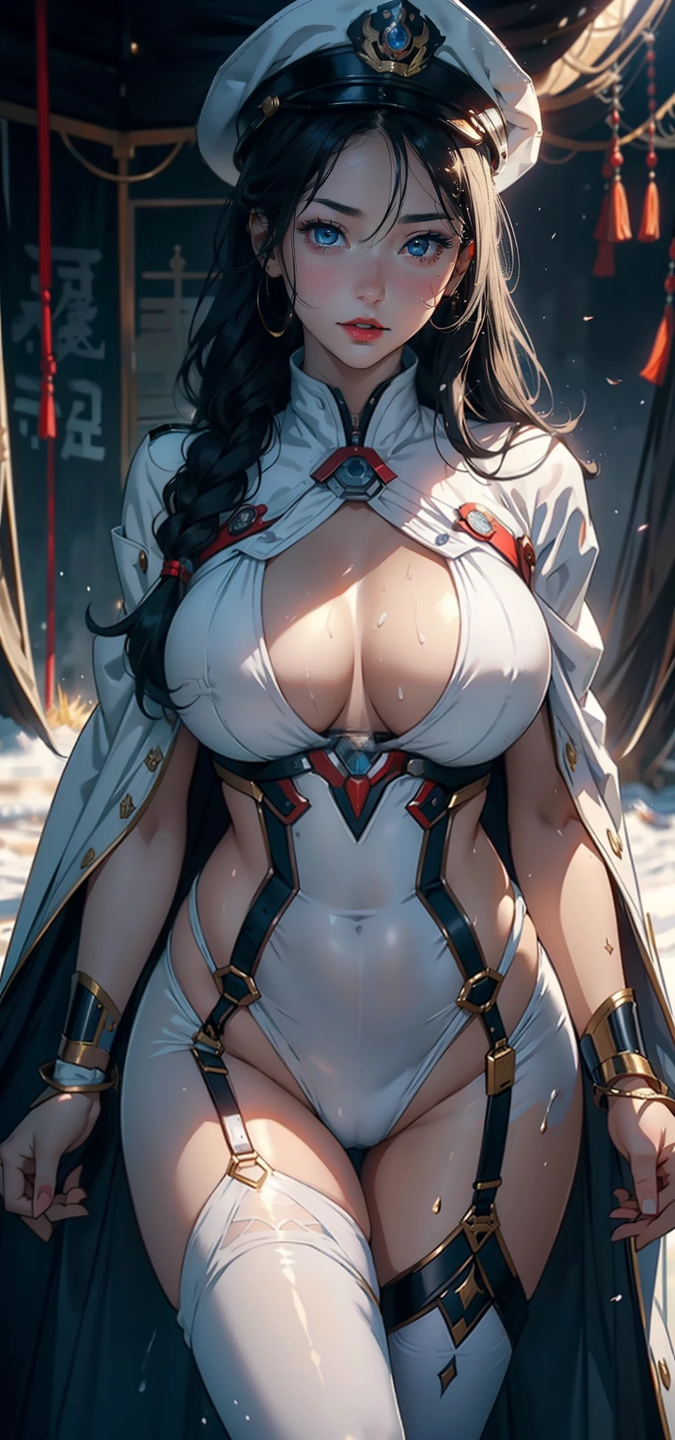 1womanl,33yo,熟妇,mature,extremely large bosom,Big breasts Thin waist,long leges,Raised sexy,Pornographic exposure, 独奏,Beauty contests,standing on your feet(Background with:the sea,snow mountains,warships,at winter season,Blizzarding,Big snowflakes)On warships, She has long black hair,Long hair flutters in the wind,Redlip,dynamicposes,Sweat profusely,drenched all over the body,seen from the front, hair straight, mostly cloudy sky,(((tmasterpiece),(Very detailed CG unity 8K wallpaper),best qualtiy,cinmatic lighting,detailed back ground,beatiful detailed eyes,Bright pupils,(Very fine and beautiful),(Beautiful and detailed eye description),Blue eyes,Redlip,ultra - detailed,tmasterpiece,)),facing at camera,(The upper part of the body),A high resolution,ultra - detailed),revealing breasts,Bare genitalia, Bulge,legs are open,sexyposture,Camel toes,Flushed complexion,Open-mouthed,frontage,Japanese officer,Officer's cap,elementary student(Wearing:White cloak,Down jacket White officer transparent uniform,Sexy leggings,Bare breasts,Bare genitalia,Armour,Gold wire embroidery,Snowflake decoration,Iron Man uniform,Sci-fi futuristic style)