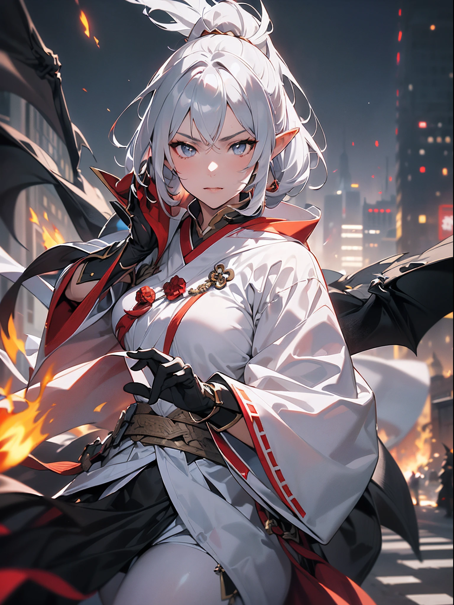 ((jpn)),((Best Quality)),((Beautifully painted)),((hight resolution)),1girl in,(((Beautiful Elven Daughter))),((Onmeiji))),(((Suikan))),((White cloak with red decoration)),Luminescent bushy silver-haired ponytail,Shining eyes,(((Black gauntlet and gloves))),nice hand, Perfect hands,(((quickstep))),(((Fight a black dragon on the streets of a big city on a fiery night))),((Flying flames)),armor,(facefocus),(((Motion Blur))),(((Dynamic Angle))),((Cinematic lighting))