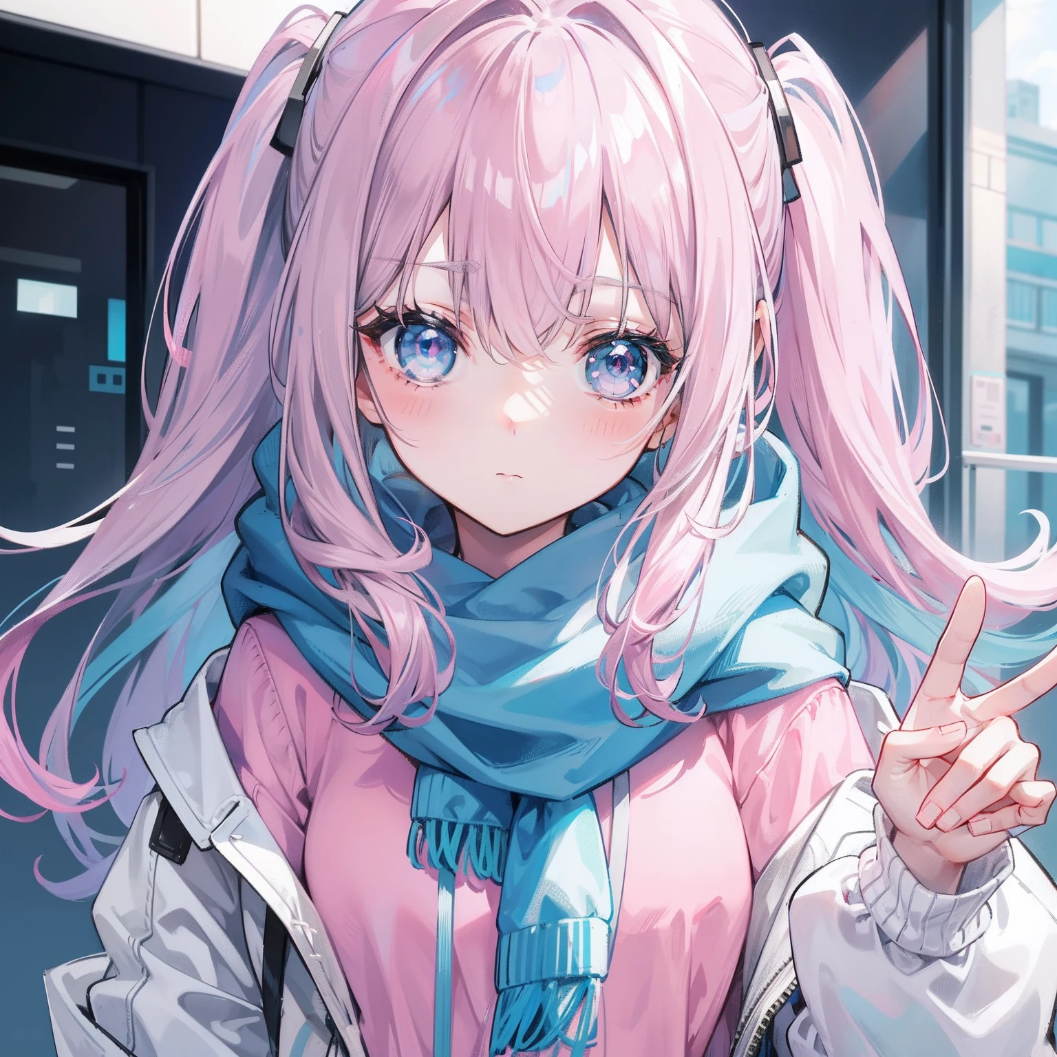 Gray-pink bangs，Blue-green pupils，Wear a silver-white jacket and pink sweater，Wearing a blue scarf，It's a cute girl