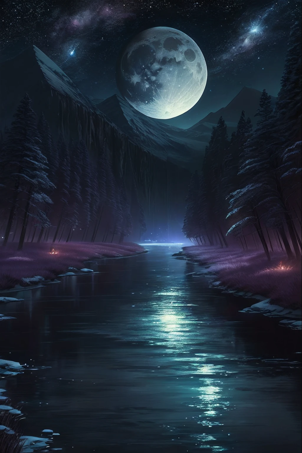 A painting of a river with stars and moon in the sky, concept art inspired by Tosa Mitsuoki, pixiv contest winner, best quality, fantasy art, beautiful anime scene, a bright moon, moonlit starry environment, dream painting, Anime Background Art, Fantasy Landscape Art, Fantasy Night, Anime Background, Background Artwork, Fantastic Art, Atmospheric Anime, Starry Sky, Detail Enhanced.