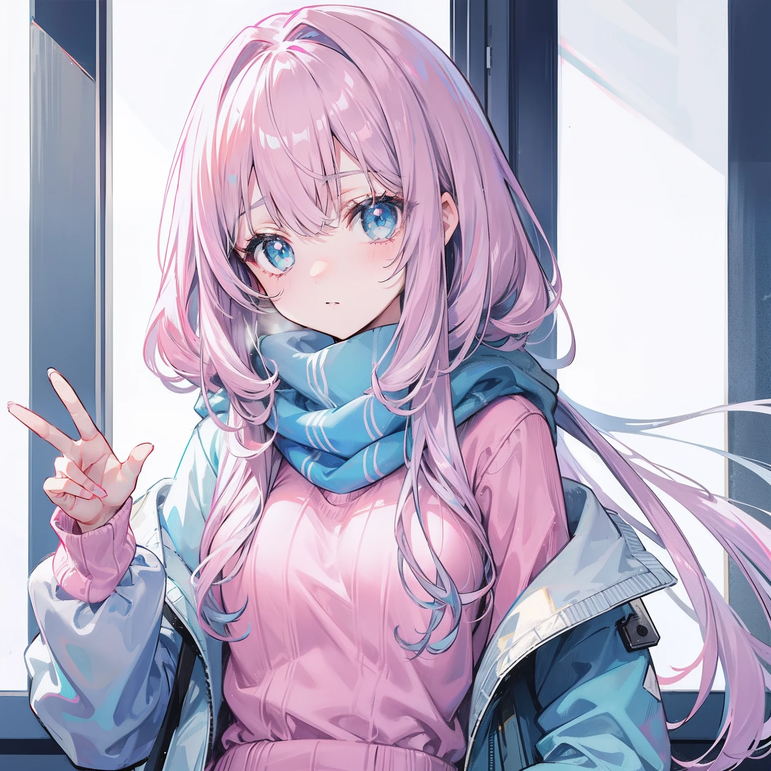 Gray-pink bangs，Blue-green pupils，Wear a silver-white jacket and pink sweater，Wearing a blue scarf，It's a cute girl