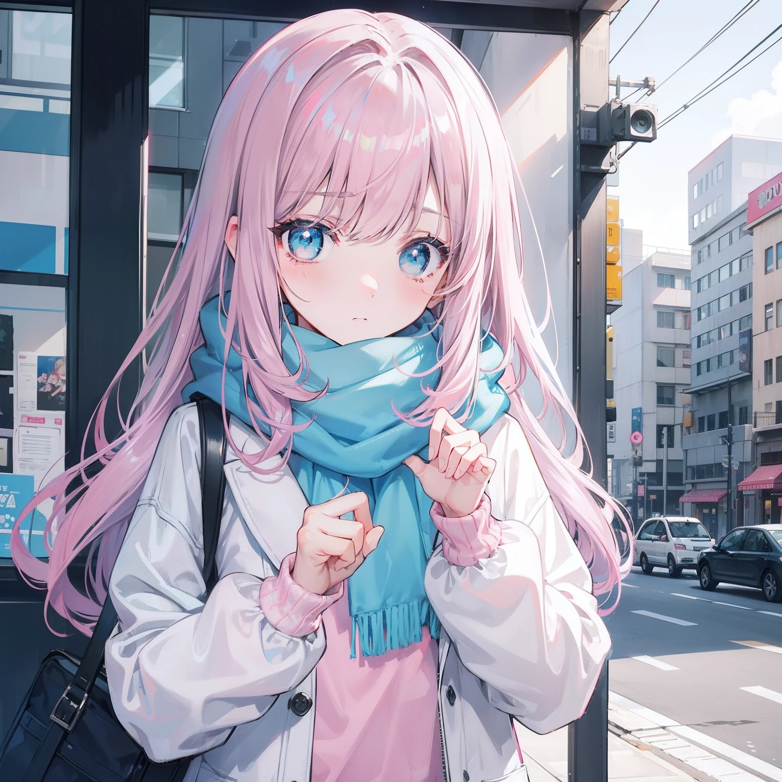 Gray-pink bangs,Blue-green pupils,Wear a silver-white jacket and pink sweater,Wearing a blue scarf,It's a cute girl