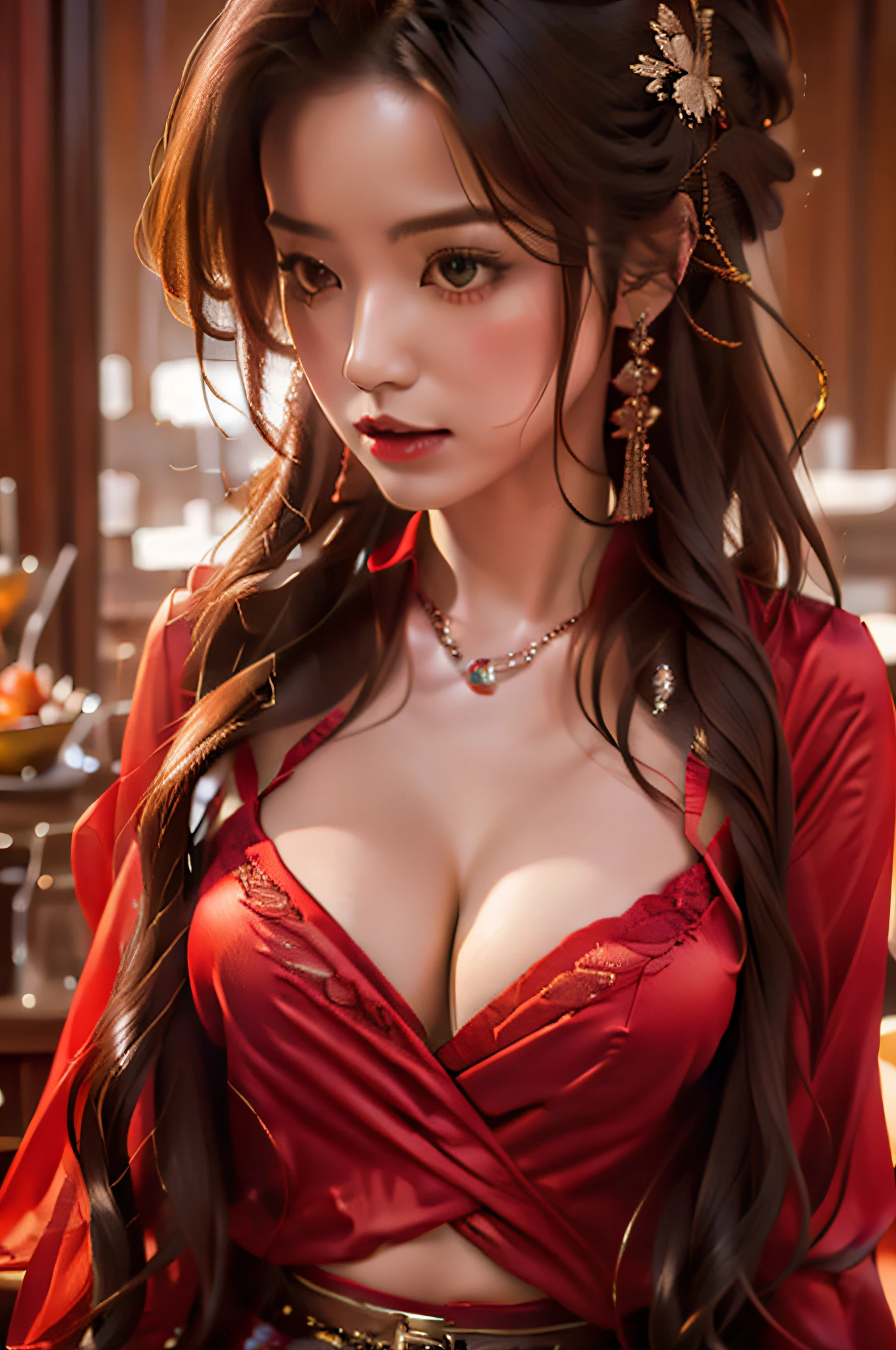 beautiful woman, wearing a sexy blouse, large breasts, side cleavage, kitchen scene, blouse, cowboy shot red silk bra