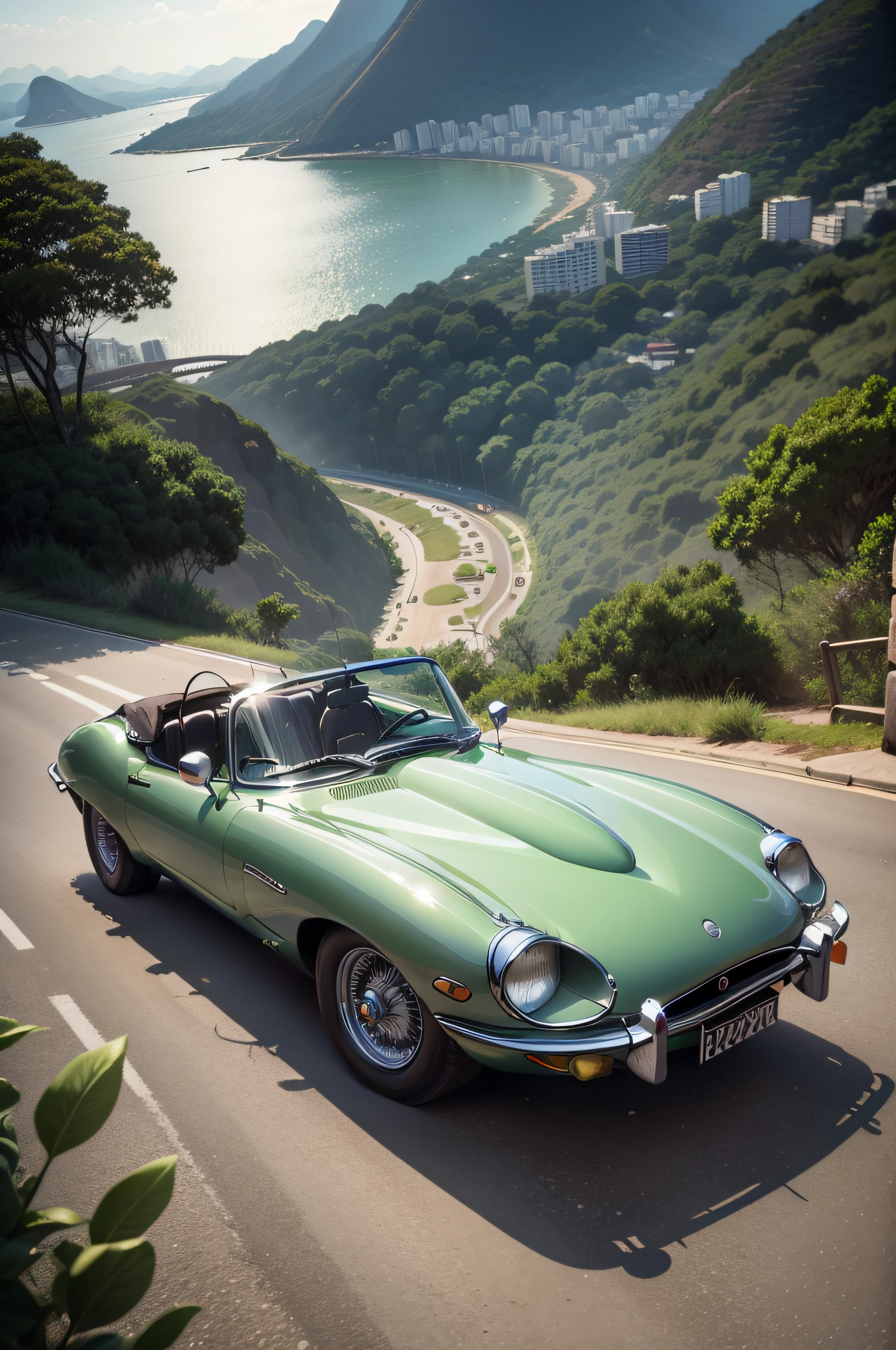 light green 1974 Jaguar E-Type Roadster at a mountain in the city of Rio de janeiro Brazil (Best quality, 8k, Masterpiece :1.2), hyper realistic.