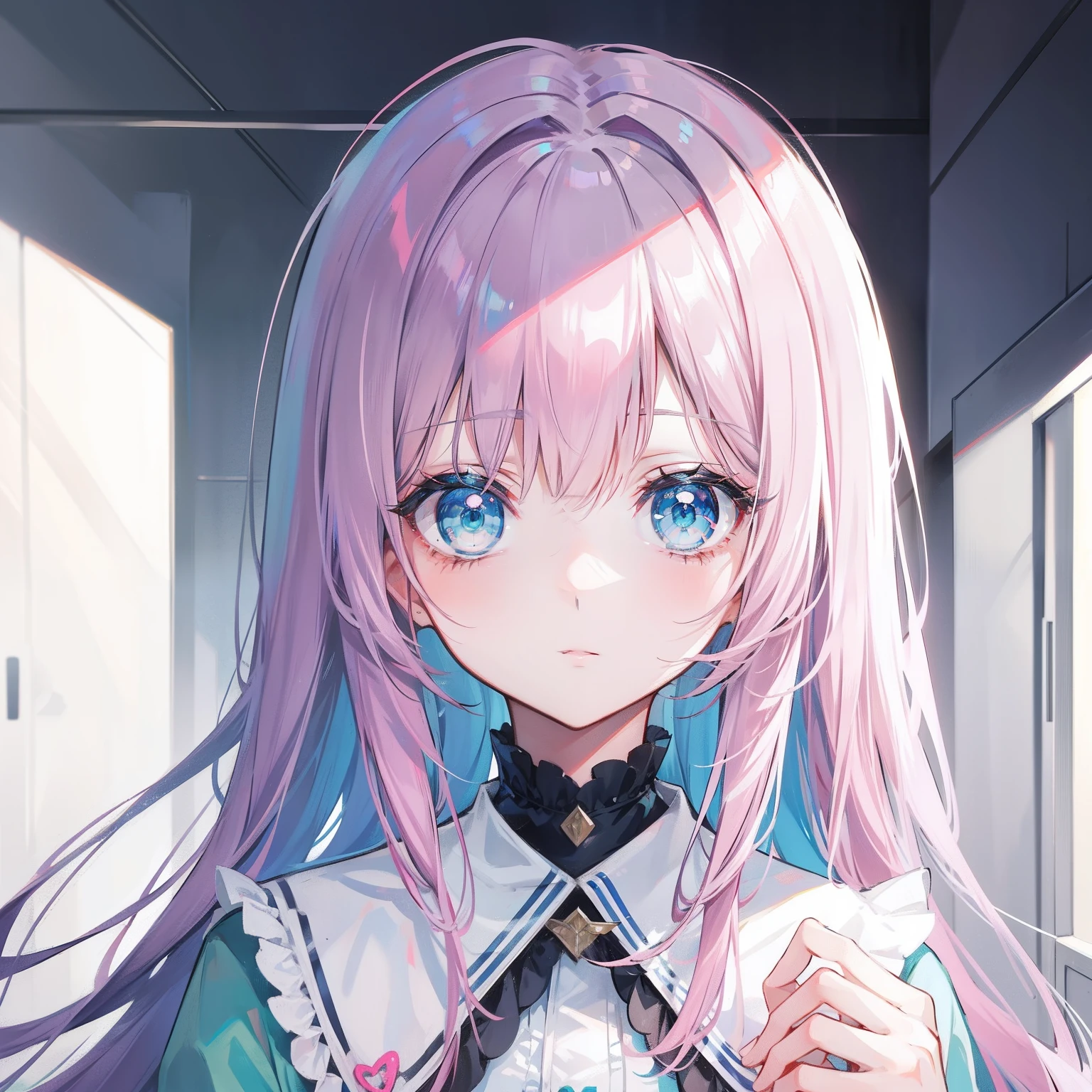 Gray-pink bangs，Blue-green eyes，It's a cute girl