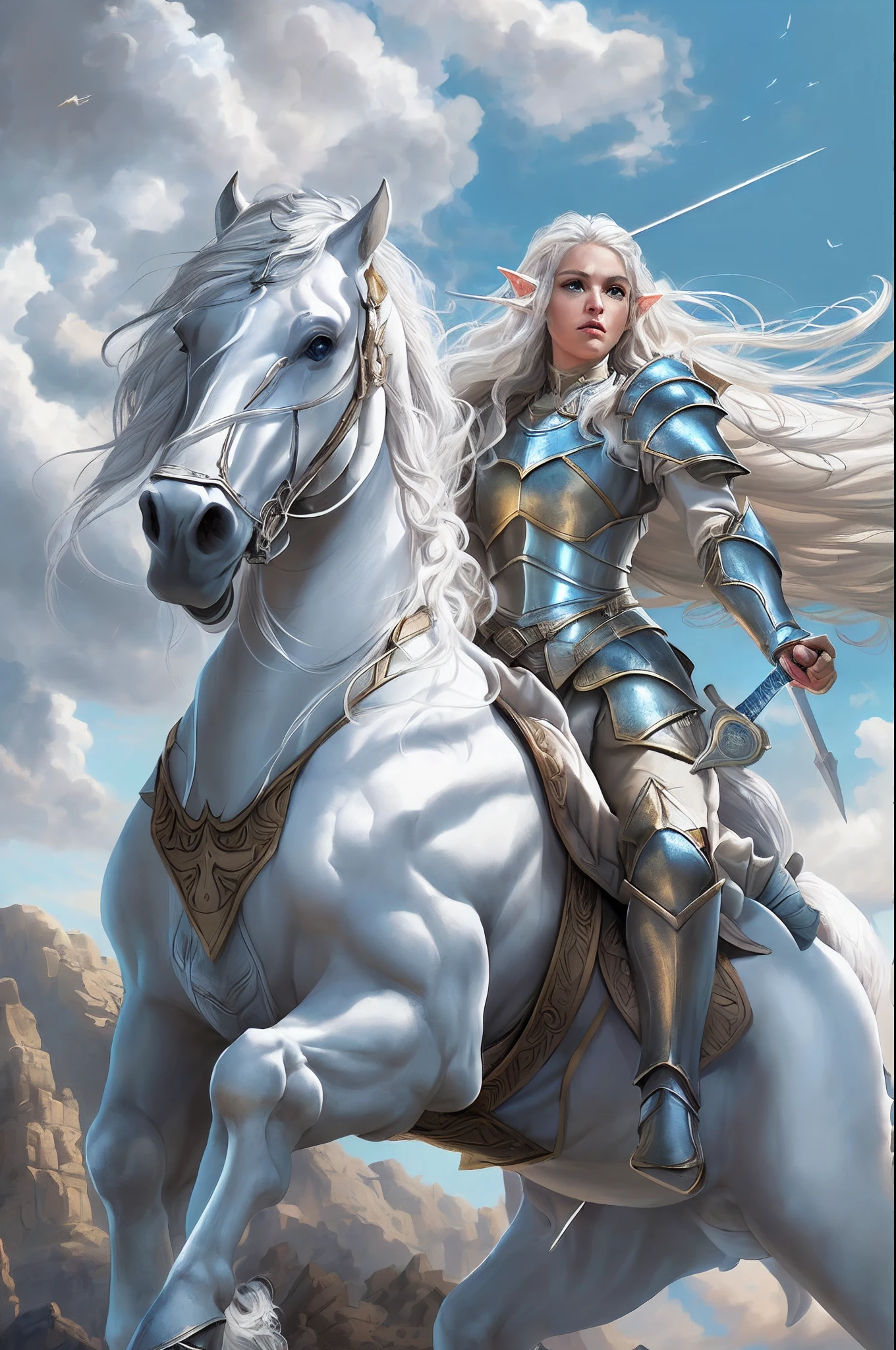 there is an elf knight riding a Pegasus in the skies, female elf knight, extremely beautiful female elf, ultra feminine, ultra detailed face, determined face, ready for war, silver hair, long hair, wavy hair, dynamic eyes color, armed with a long sword, wearing heavy armor, elven armor, epic white Pegasus, spread wings,  blue skies, some clouds in the background, fantasy art dnd art, RPG art magv1ll, Ultra-Wide Angle, high detail, award winning, best quality, HD, 16K, high details, best quality, absurd highres, ultra wide angle, photorealistic, ultra realistic [[anatomically correct]], high details, best quality, 16k, [ultra detailed], masterpiece, best quality, (extremely detailed), ultra wide shot, photorealistic,