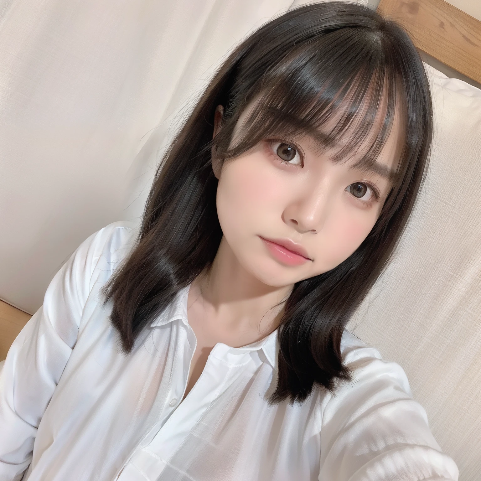 Highly detailed face and skin texture, fine grain, photorealistic rendering, subsurface scattering, high-resolution facial features, micro skin details, natural skin tones, soft shadows, and highlights. Close-up of a woman with long black hair wearing a tank top, Hime cut, Beautiful Skin、Yoshitomo Nara, Real life anime girls, 白Hime cutヘアスタイル, Ultra realistic anime, Beautiful Japanese girl face, 黒Hime cutヘア, Ishida Sui with black hair, Real young gravure idol, Girl cute beautiful face