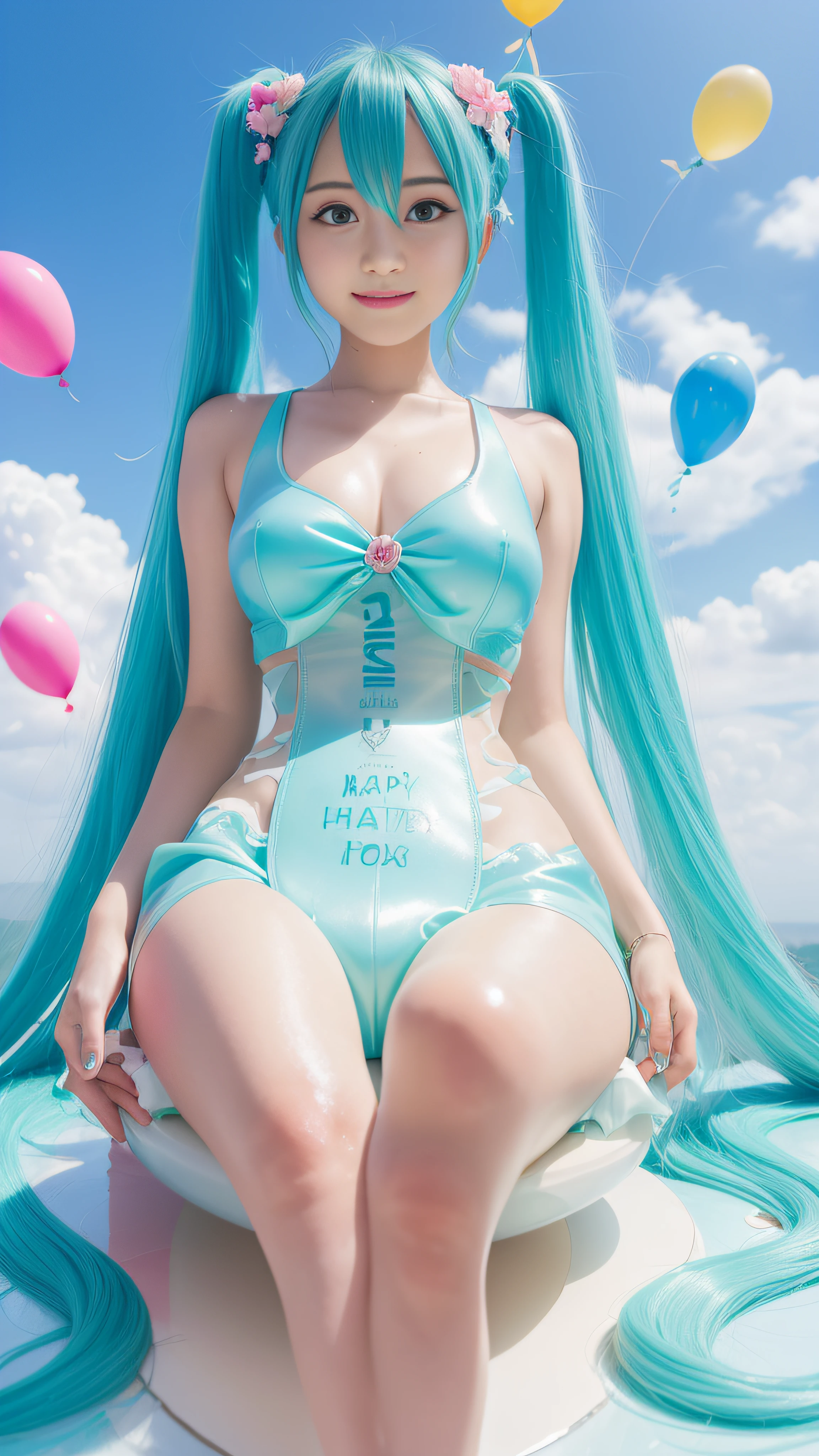 Hatsune Miku sits on a huge creamy birthday cake,The birthday cake is lit with colorful birthday candles,happy birthay,ssmile,exquisite facial features,Elaborate Eyes,Gentle and shy face,Peerless beautiful girl,Advancedsense,Hold the strawberry between the buttocks