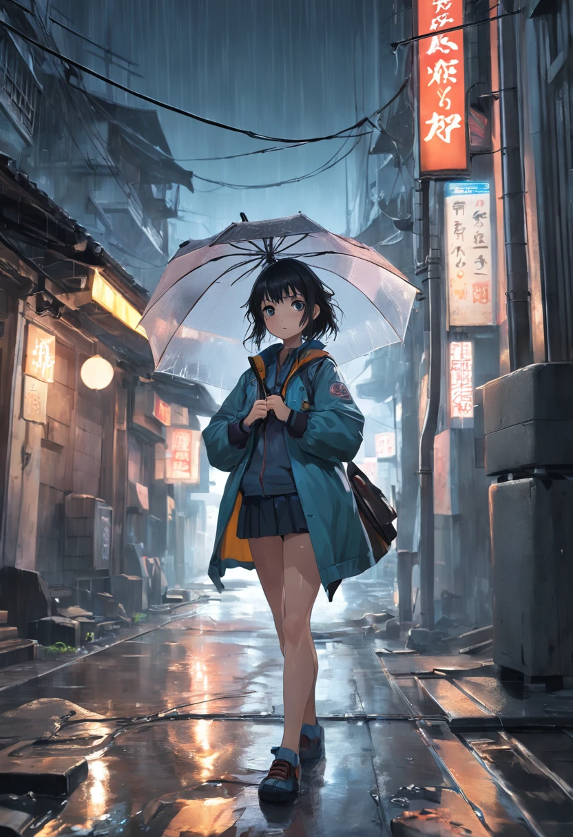 (extremely detailed CG unity 16k wallpaper:1.1), (Denoising strength: 1.45), (tmasterpiece:1.37), (Kowloon Walled City), (((extremely detailed))), ((ultra-detailed)), flowing, Telegraph Pole, solo, 1girl, bnematic lighting, vest, (Delicate face)(rain), (girl hold an umbrella), grey sky, lonely, (city), beautiful detailed eyes, detailed wet clothes, blank stare, dynamic angle, umbrella, expressionless, wet, alley, swirl, ((illustration)), god rays, sparkle, glowing light, ((masterpiece)), (((best quality)))