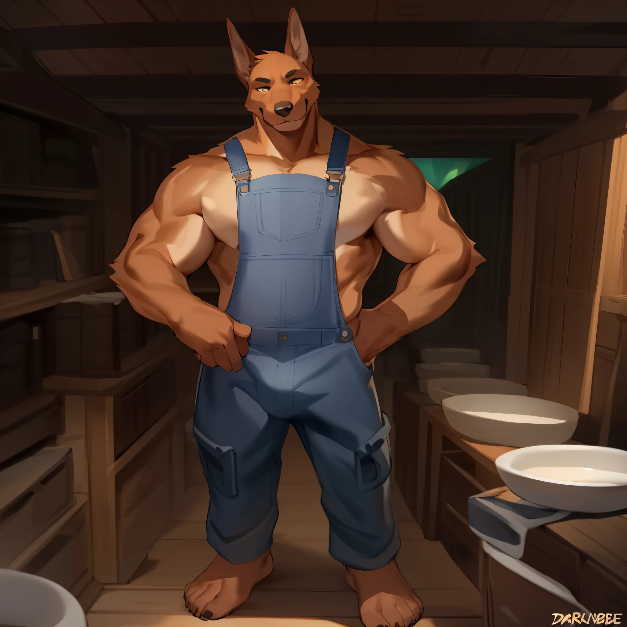 Solo, Male, Wear overalls,cargo pants, Bulge, A dog, Doberman,, Black eyes, Glowing eyes, ,Bowl cut, Muscular, by Bebebebebe, author:Spikes, By Darkgem, author:Mystic Fox 61, by Chunie, standing, alleys, Bare feet
