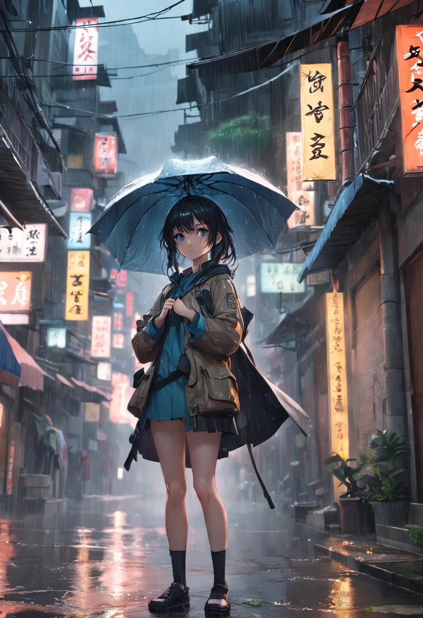 (extremely detailed CG unity 16k wallpaper:1.1), (Denoising strength: 1.45), (tmasterpiece:1.37), (Kowloon Walled City), (((extremely detailed))), ((ultra-detailed)), flowing, Telegraph Pole, solo, 1girl, bnematic lighting, vest, (Delicate face)(rain), (girl hold an umbrella), grey sky, lonely, (city), beautiful detailed eyes, detailed wet clothes, blank stare, dynamic angle, umbrella, expressionless, wet, alley, swirl, ((illustration)), god rays, sparkle, glowing light, ((masterpiece)), (((best quality)))