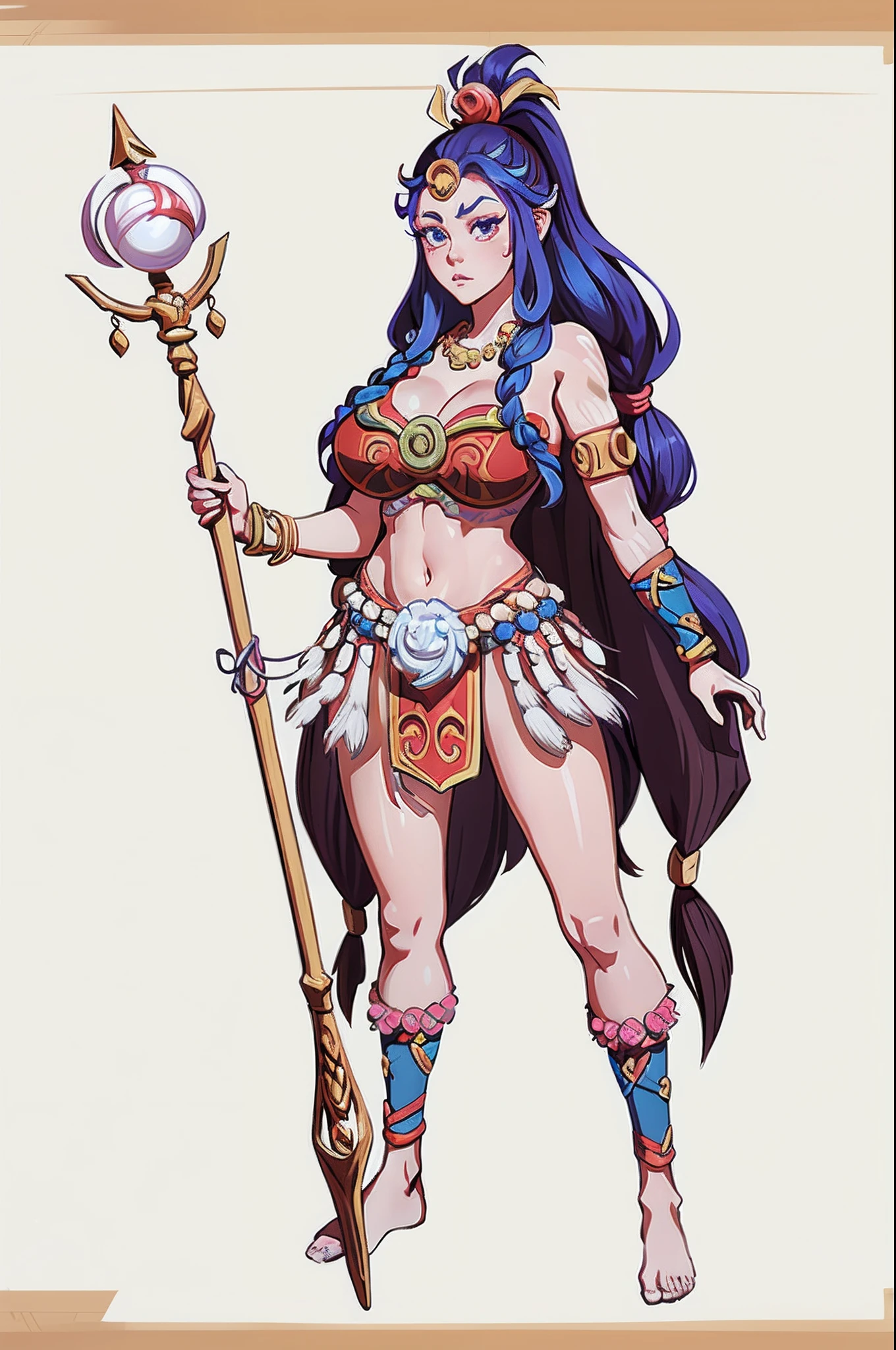 1个Giant Breast Girl、独奏，full bodyesbian，kaiou，standing on your feet，Pearl decoration on hair，Trident staff，simple backgound，Magical fantasy design，character concept design，Beautiful face and eyes，tmasterpiece，best qualtiy，Best resolution，high definition detail