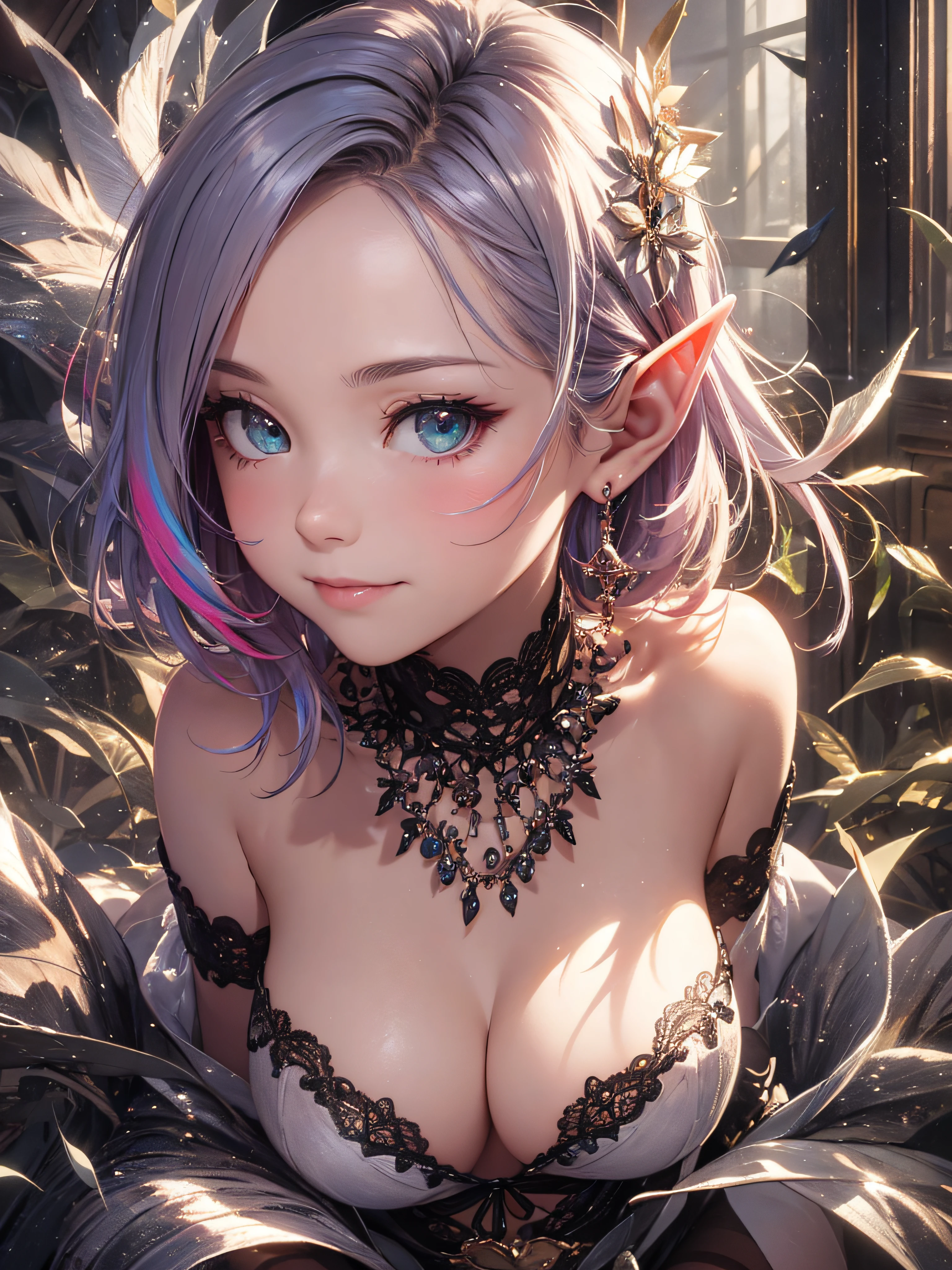 A cute elf girl,short detailed hair,Exquisite Hair,colored inner hair,Pick and dye your hair,Colorful hair,With Ultra HD details,Professional lighting and lighting。Delicate, tall and sexy,Stockings,Delicate earrings,Delicate necklace,Light breeze,Brighter scenes,More refined facial features,eyes with brightness,Light smile,anaglyph,tachi-e,Atmospheric perspective,High detail backlight,Chiaroscuro,full bloom,Ray trajectories,Perspective top-down,super detailing、acurate、best qualityer、Textured epidermis、Anatomically correct