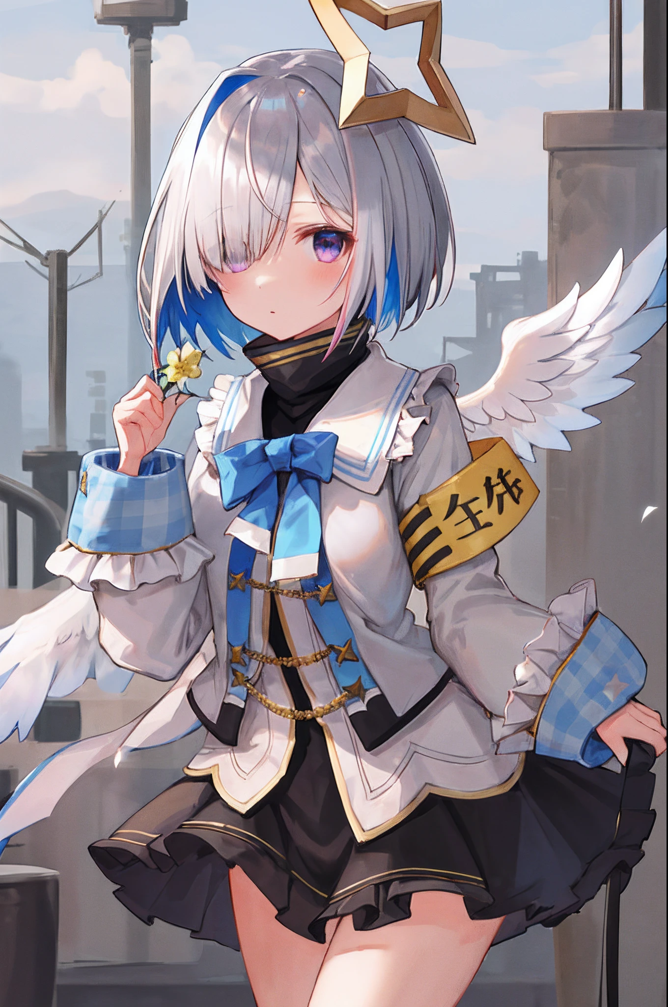 amane kanata, 1girl in, Solo, Short hair, Bangs, Simple background, Bow, Blue hair, Purple eyes, Jacket, Grey Hair, multicolored hair, Wings, blue bow, bob cuts, arm band, Feathered wings, Asymmetrical hair, Angel wings, Colored inner hair, one white winged, single hair intake, Star Halo, Looking at Viewer, Bangs, Open mouth, 鎖骨,Blue glasses,Arafe woman in a smiling floral sweater, Joyful look,mid shot portrait,Cotton, Cheongsam, floral dream，Floral pattern of outerwear、a smile、