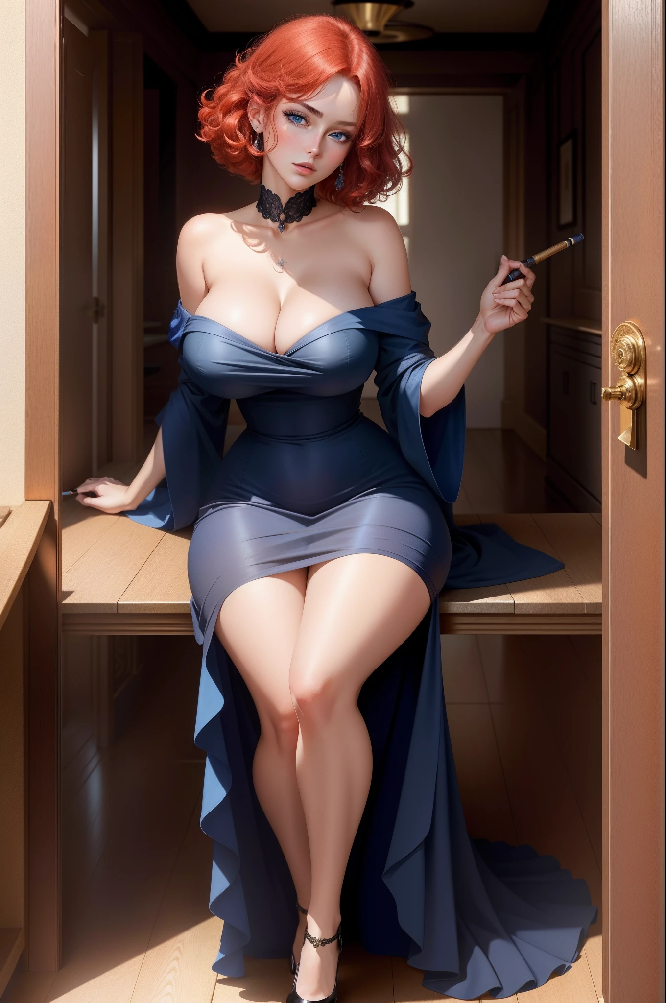 masterpiece, best quality, finely detailed, high resolution, extremely detailed and beautiful, 1girl, (blue eyes),red hair, anime girl, hidden room, (huge breasts), sitting,long black dress, short hair,holding cigar in right hand