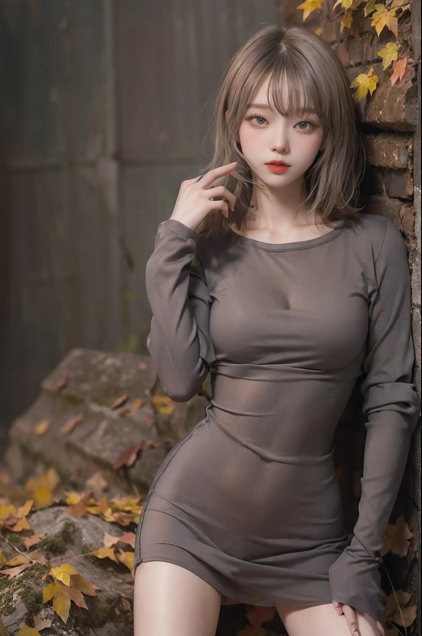 Top image quality、Raw photography、超A high resolution、An 18-year-old woman、Shooting for one person only、modelshoot、round breast、cleavage of the breast、Autumn clothes、Beautiful Eyes of Details、very elongated eyes、Beautiful eyelashes、Beautiful double eyelids、Gray walls、very slender legs、Shorthair with light brown hair、very slender physique、Very small buttocks