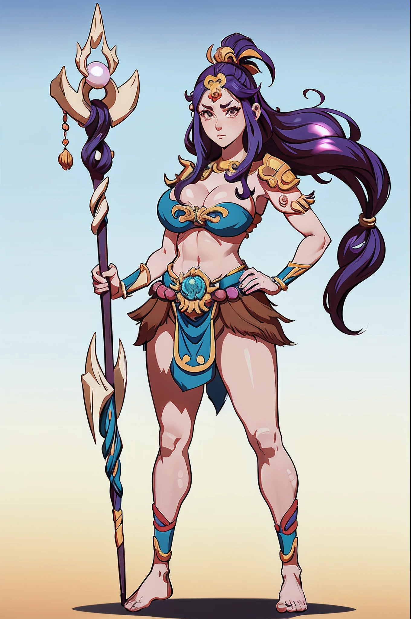 1个Giant Breast Girl、独奏，full bodyesbian，Kaio，standing on your feet，Pearl decoration，Trident staff，simple backgound，Magical fantasy design，character concept design，Beautiful face and eyes，tmasterpiece，best qualtiy，Best resolution，high definition detail