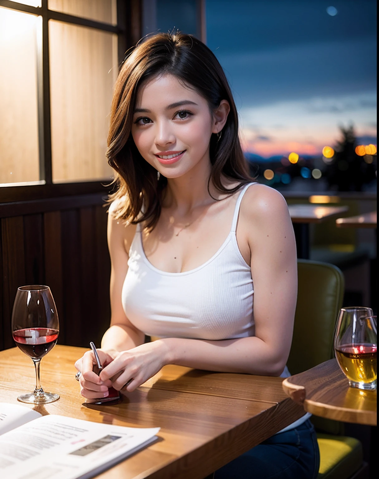 (64K, UHD, top quality, masterpiece: 1.2), (realistic, photorealistic: 1.37), super detailed, pretty woman 1 person, (slim face), (slim body), (brown hair), (short cut), cheeks slightly blushing, (44 years old), 38 years old, solo, beautiful detailed urban night view outside the window, restaurant, wine glasses sit, at night, in a prominent placeNovaFrogStyle, Actress, Model, Waist Up, White Wine, Slim, Wine Glass, Super Clean Night View, Wine Glass Put in the Middle, Happy Smile, (Smile: 1.15), Beautiful Fine Eyes, Upper Body, Bust Japan Up, Night, Short, Short, Actress, Model, Waist Up, White Wine, Slim, Wine Glass, Super Clean Night View, Wine Glass Put in the Middle, Happy Smile,