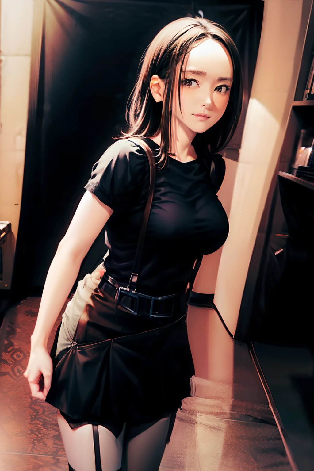 Black skirt, Black Tank Tops suspenders, Brown hair short, Gray eyes, Garter belt on the legs, Tight clothes, a belt Armpit sweat deadpan large full breasts Forehead Center