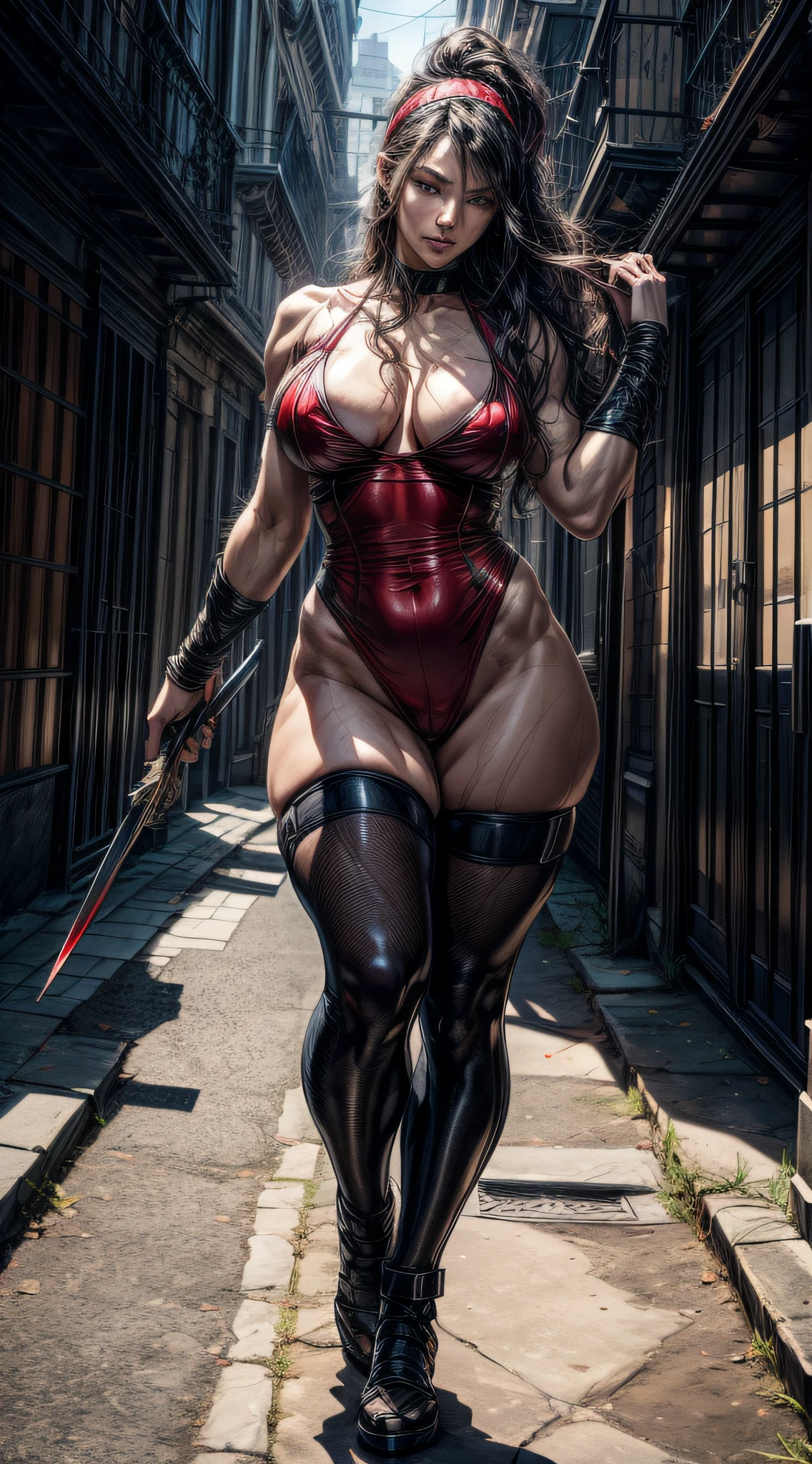 1girl, big breasts, small waist, wide hips, thick thighs, muscular legs, long curly hair, black hair, wearing red leotard and red headband, ninja, dynamic pose, character based on marvel's 'Elektra', full body looking at the viewer, (very detailed eyes), (extremely detailed 8k CG wallpaper), (extremely delicate and beautiful), (masterpiece), (best quality: 1.0), (ultra high resolution: 1.0), beautiful lighting, perfect lighting, realistic shadows, [high resolution ], detailed skin, ((skin texture)), super detailed