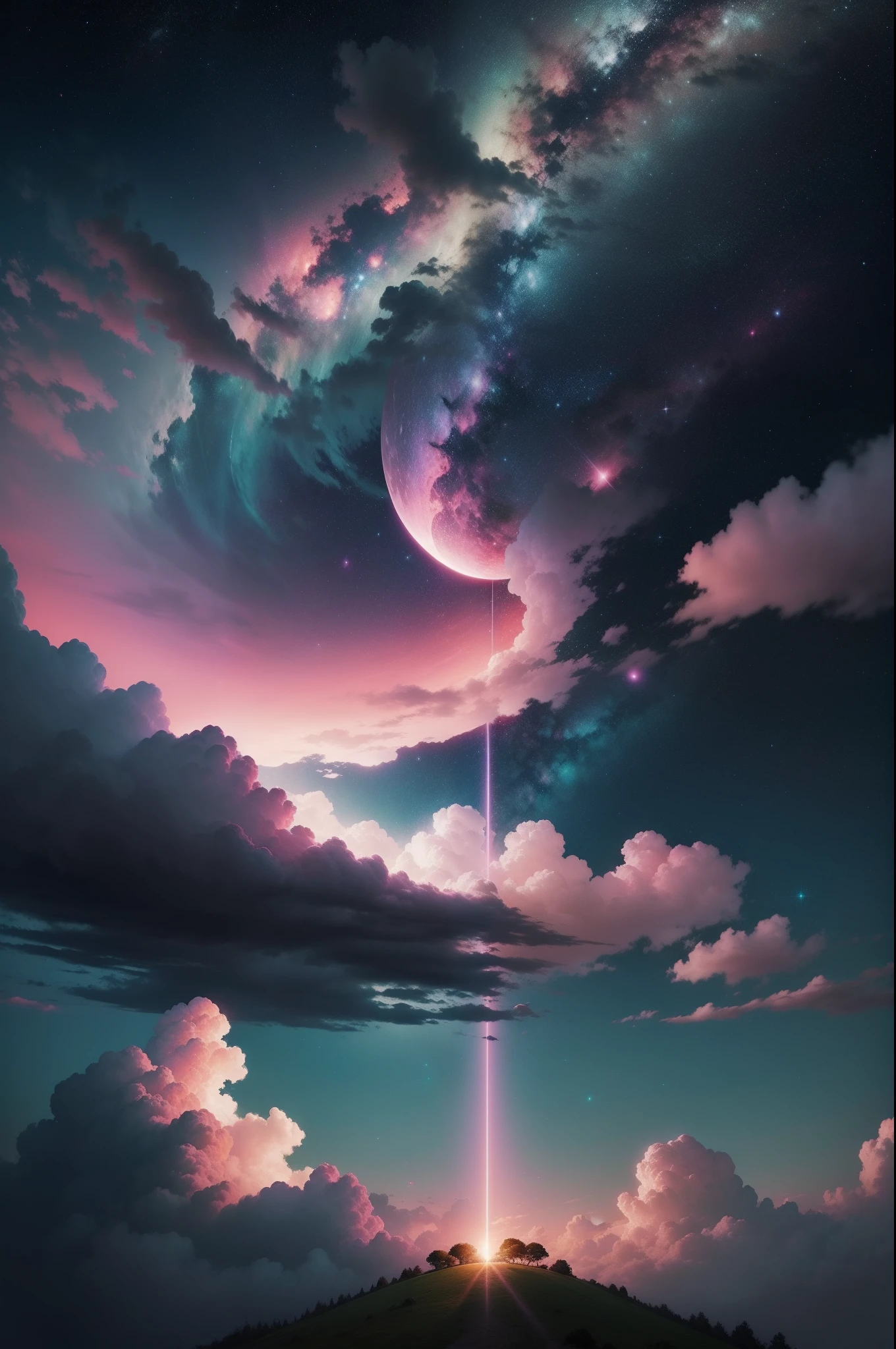 Arafed image of a pink sky with stars and a pink moon, magnificent background, Night sky in shades of green , papel de parede bonito, beautiful green night sky, amazing background, paper awesome wallpaper, galaxy sky, amazing sky, Skies shades of green and pink, cosmic skies, cosmic sky, foto muito bonita, colorfull sky, durante uma tempestade de meteoros, Stunning sky, magical colors and atmosphere