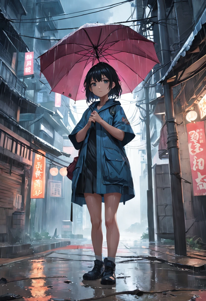 (extremely detailed CG unity 16k wallpaper:1.1), (Denoising strength: 1.45), (tmasterpiece:1.37), (Kowloon Walled City), (((extremely detailed))), ((ultra-detailed)), flowing, Telegraph Pole, solo, 1girl, bnematic lighting, vest, (Delicate face)(rain), (girl hold an umbrella), grey sky, lonely, (city), beautiful detailed eyes, detailed wet clothes, blank stare, dynamic angle, umbrella, expressionless, wet, alley, swirl, ((illustration)), god rays, sparkle, glowing light, ((masterpiece)), (((best quality)))