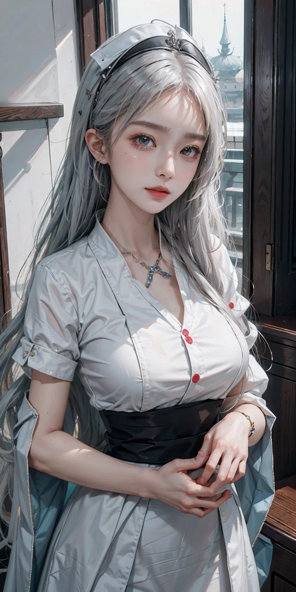 (1girl in:1.3)、独奏、__body-parts__、Official art、unity 8k wall paper、ultra-detailliert、Beautifully Aesthetic、Beautiful fece、White hair、Colossal tits、masterpiece、top-quality、Fantastic atmosphere、Calm palette、Engaging pose、Calm mood、Soft shading、Nurse、Charm spelling、Duties of a nurse、Gorgeous Jewelry