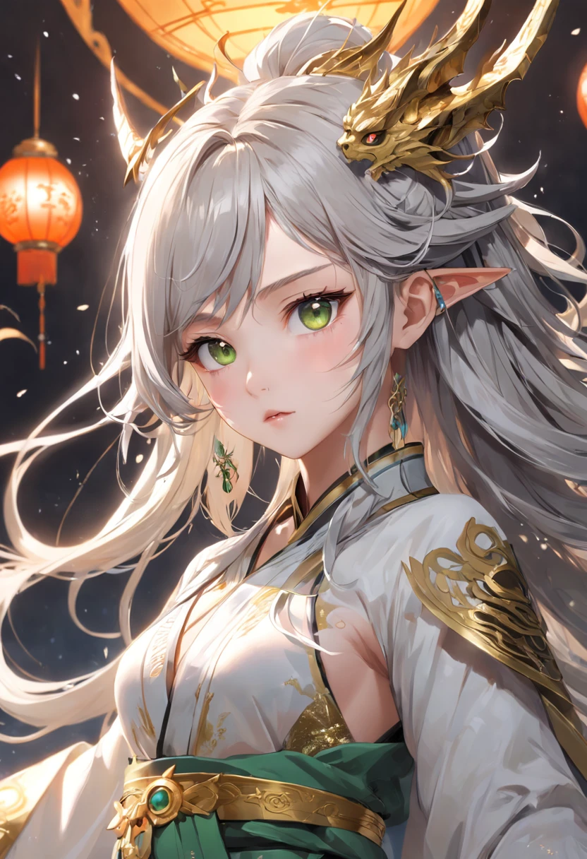 (extremely detailed CG unity 16k wallpaper:1.1), (Denoising strength: 1.45), (tmasterpiece:1.37), (super delicate), (extremely delicate and beautiful), (dynamic angle), white and black highlights, (legendary Dragon Queen:1.3)（1 girl）, Hanfu, (complex details) (beautiful and delicate eyes), golden eyes, green pupils, delicate face, upper body, messy floating hair, messy hair, focus, perfect hands, (fantasy wind), (illustration), god rays, sparkle, glowing light, (masterpiece), (best quality)