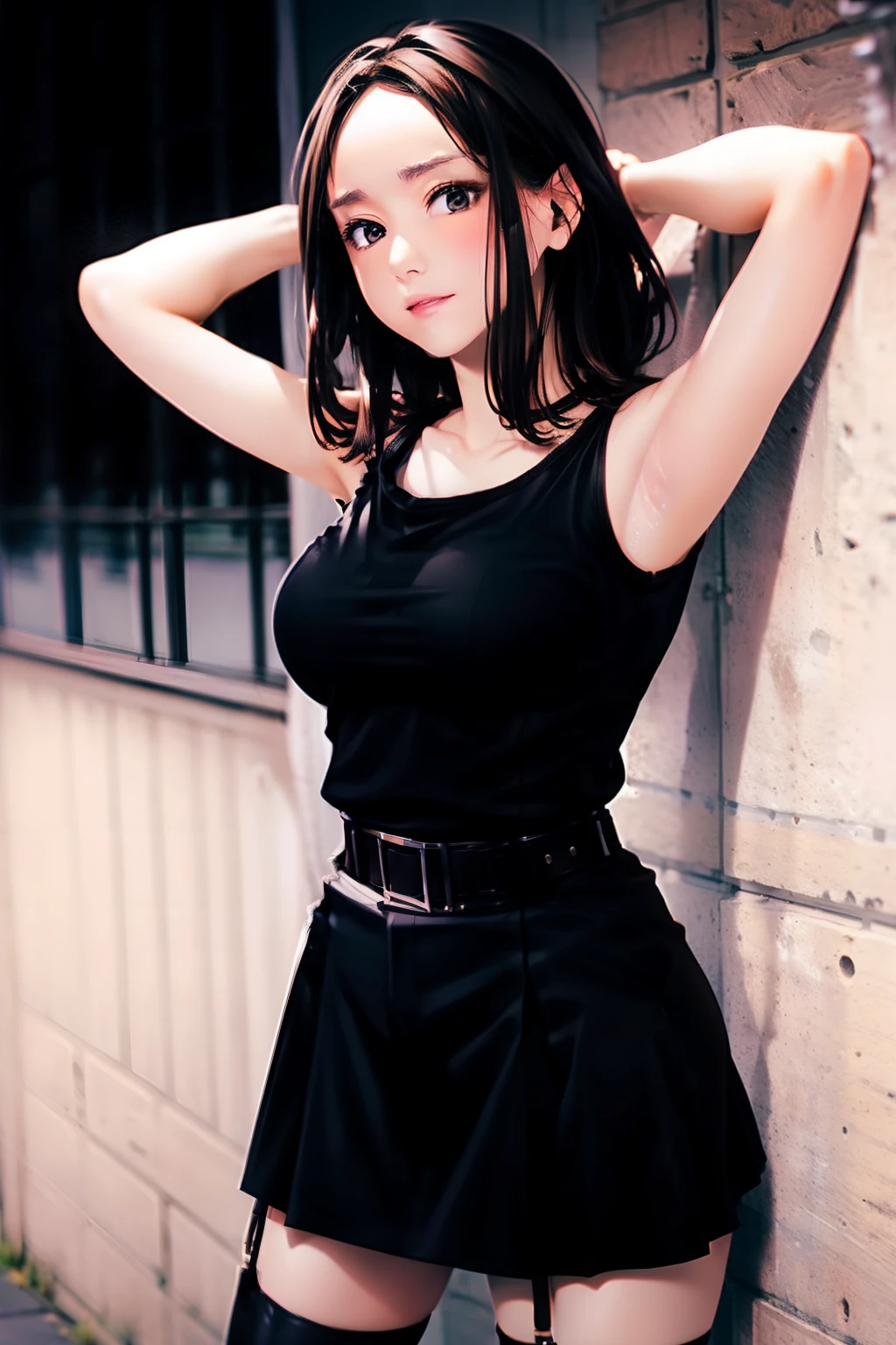 Black skirt, Black Tank Tops suspenders, Brown hair short, Gray eyes, Garter belt on the legs, Tight clothes, a belt Armpit sweat deadpan large full breasts Forehead Center