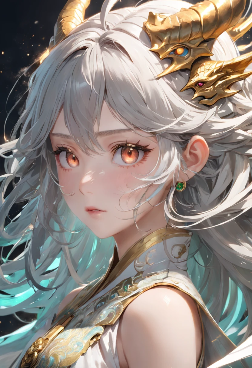 (extremely detailed CG unity 16k wallpaper:1.1), (Denoising strength: 1.45), (tmasterpiece:1.37), (super delicate), (extremely delicate and beautiful), (dynamic angle), white and black highlights, (legendary Dragon Queen:1.3)(1 girl), Hanfu, (complex details) (beautiful and delicate eyes), golden eyes, green pupils, delicate face, upper body, messy floating hair, messy hair, focus, perfect hands, (fantasy wind), (illustration), god rays, sparkle, glowing light, (masterpiece), (best quality)