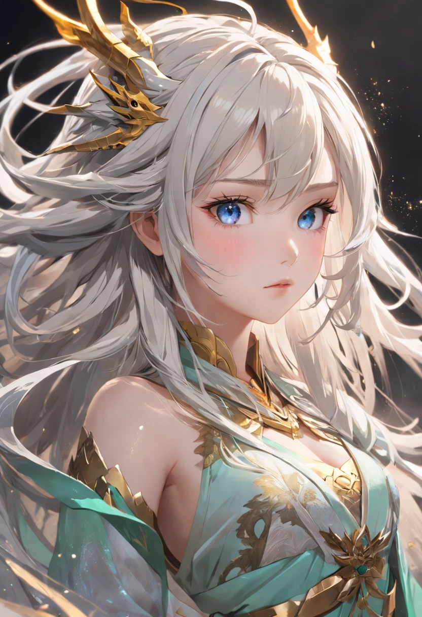(extremely detailed CG unity 16k wallpaper:1.1), (Denoising strength: 1.45), (tmasterpiece:1.37), (super delicate), (extremely delicate and beautiful), (dynamic angle), white and black highlights, (legendary Dragon Queen:1.3)(1 girl), Hanfu, (complex details) (beautiful and delicate eyes), golden eyes, green pupils, delicate face, upper body, messy floating hair, messy hair, focus, perfect hands, (fantasy wind), (illustration), god rays, sparkle, glowing light, (masterpiece), (best quality)