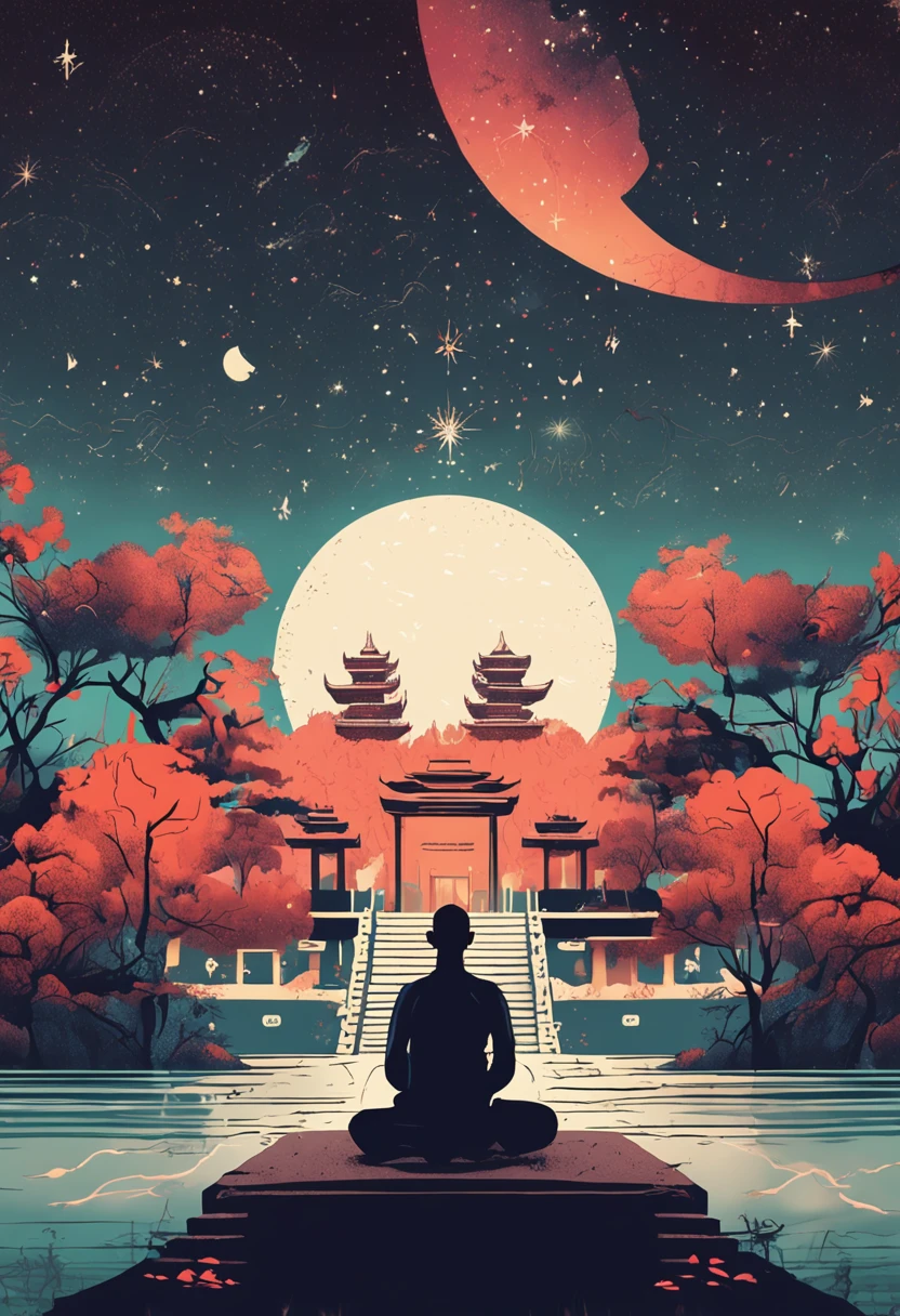 In front of a temple surrounded by a starry sky、People who meditate々Please give me an illustration depicting the figure of。Please express a scene that conveys silence and mystical atmosphere.。