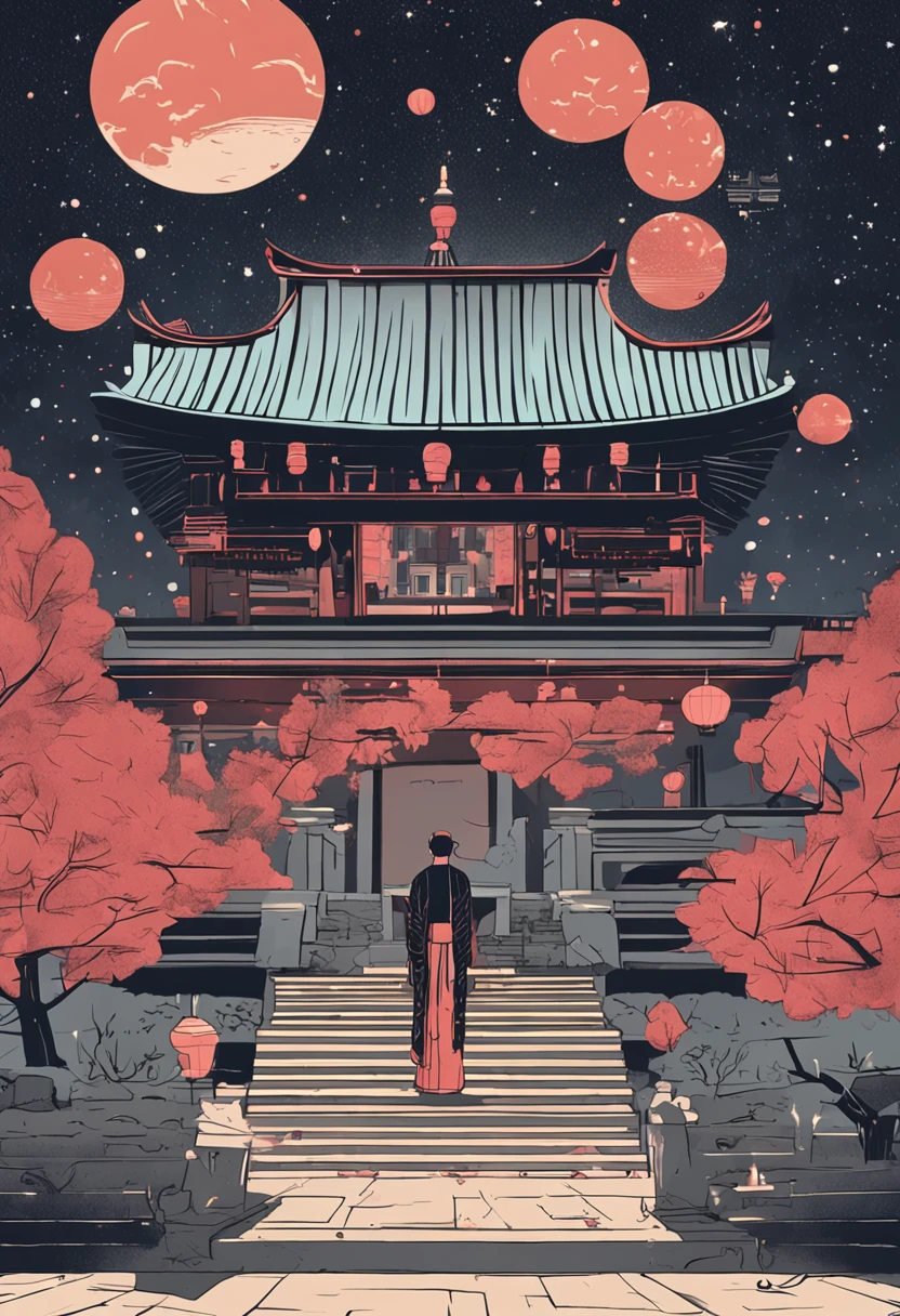 In front of a temple surrounded by a starry sky、People who meditate々Please give me an illustration depicting the figure of。Please express a scene that conveys silence and mystical atmosphere.。