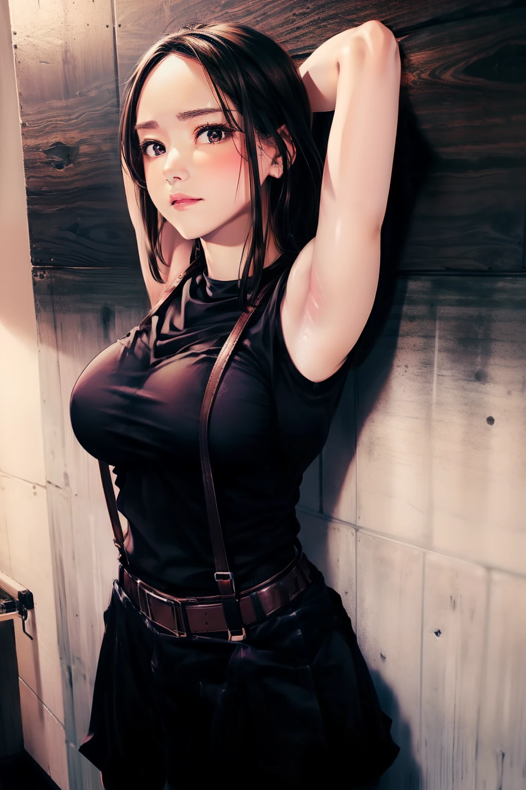 Black skirt, Black Tank Tops　suspenders, Brown hair short, Gray eyes, Garter belt on the legs, Tight clothes, 　　 a belt　Armpit sweat　　deadpan　large full breasts　Forehead Center