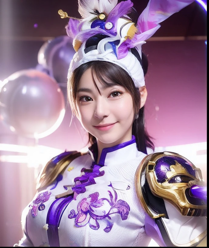 Smiling woman in white and purple costume