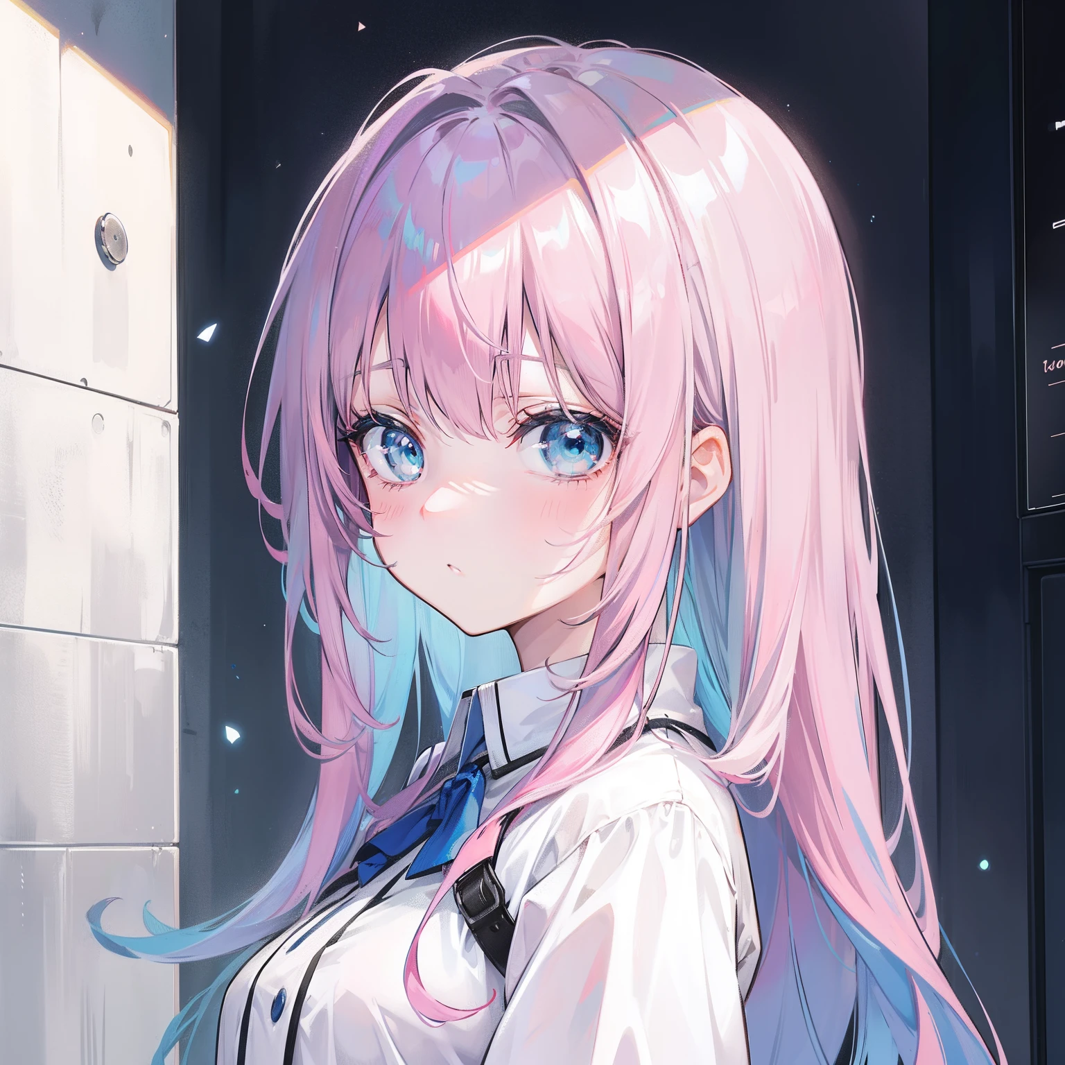 Gray-pink bangs,Blue-green eyes,It's a cute girl