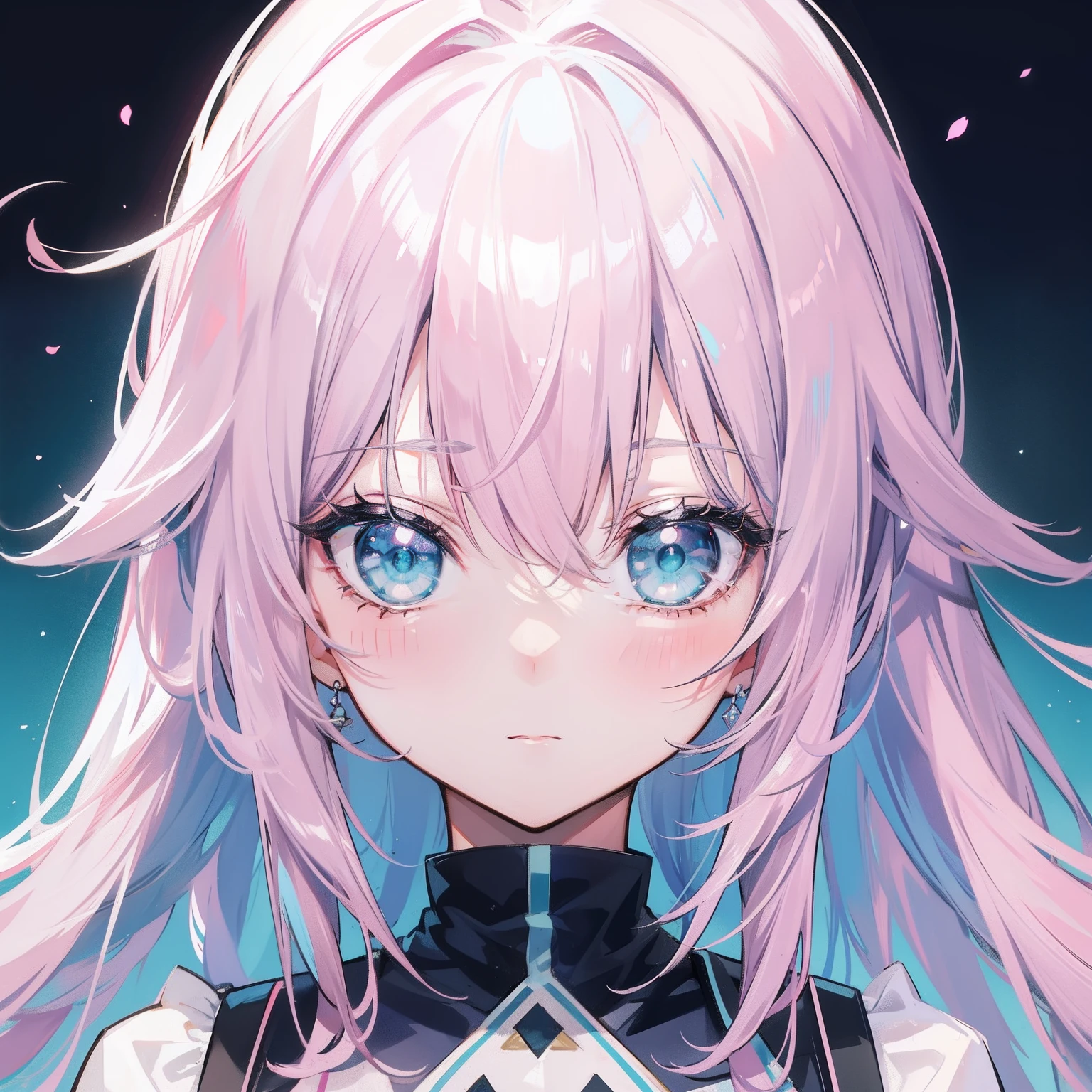 Gray-pink bangs,Blue-green eyes,It's a cute girl