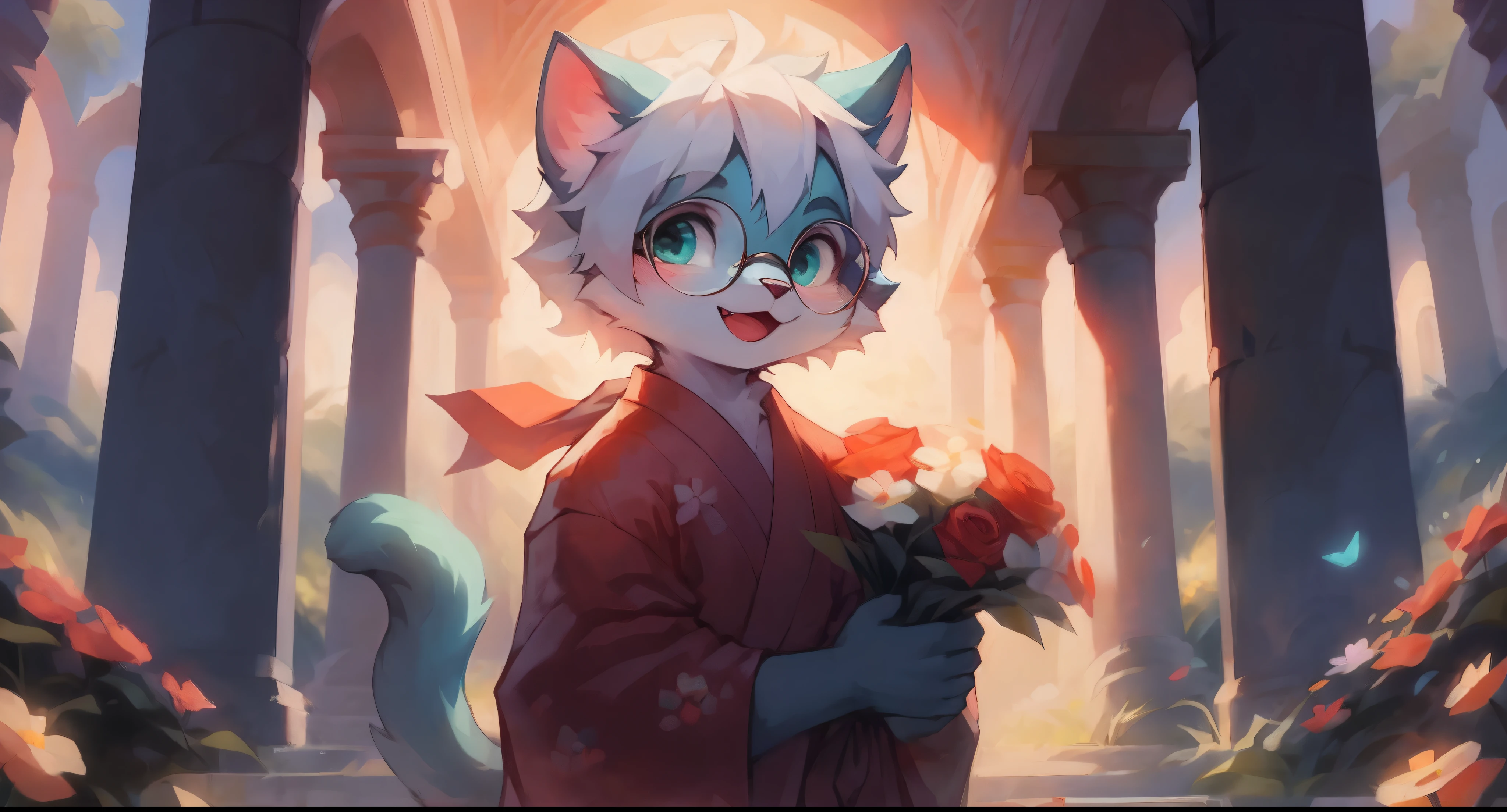a portrait of a sexy fully grown mature and aged adult male cat with big circle glasses and a red scarf, The cat is very tall. bushy tail, and perked-up fluffy big ears, one ear is lowered. He wears a fluffy warm and cozy kimono, a handsome cat fursona with teal fur color, the chest has white fur, white fur around mouth and cheeks, white hair, fluffy black cat ears, fluffy white neck. he is holding a bouquet of flower with both of his hand, he have an open mouth teethful smile. there are fields of flowers in the background, there are pillars in the background, extremely detailed background, detailed eyes, very detailed, contrasting shadow