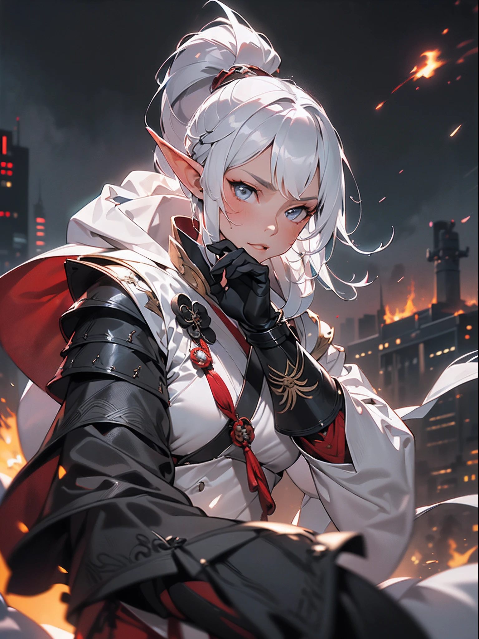 ((jpn)),((Best Quality)),((Beautifully painted)),((hight resolution)),1girl in,(((Beautiful Elven Daughter))),((Onmeiji))),(((Suikan))),((White cloak with red decoration)),Luminescent bushy silver-haired ponytail,Shining eyes,(((Black gauntlet and gloves))),nice hand, Perfect hands,(((quickstep))),(((Fight a black dragon on the streets of a big city on a fiery night))),((Flying flames)),armor,(facefocus),(((Motion Blur))),(((Dynamic Angle))),((Cinematic lighting))