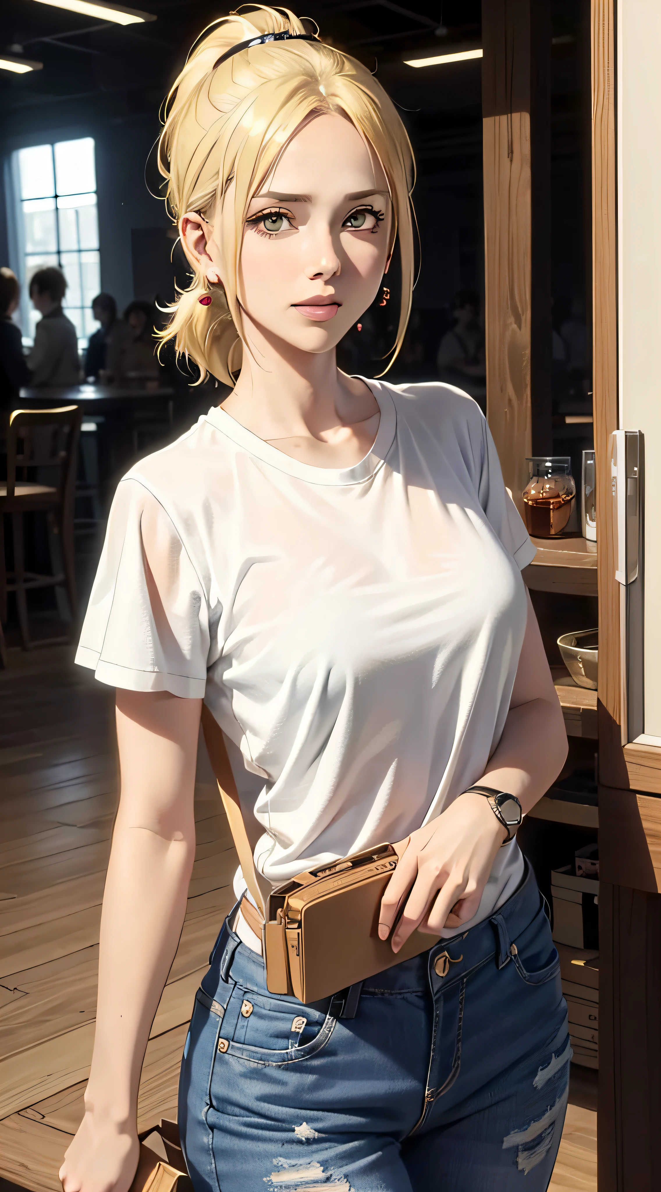 annie from the anime Shingeki no Kyojin, short hair, blonde hair, ponytail, beautiful, beautiful woman, perfect body, perfect breasts, wearing an oversized white t-shirt, short jeans, wearing a handbag, watches, wearing earrings, at a convenience store ada, department store, ponytail, looks at the viewer with a slight smile, realism, masterpiece, textured skin, super detailed, high detail, high quality, best quality, 1080p, 16k