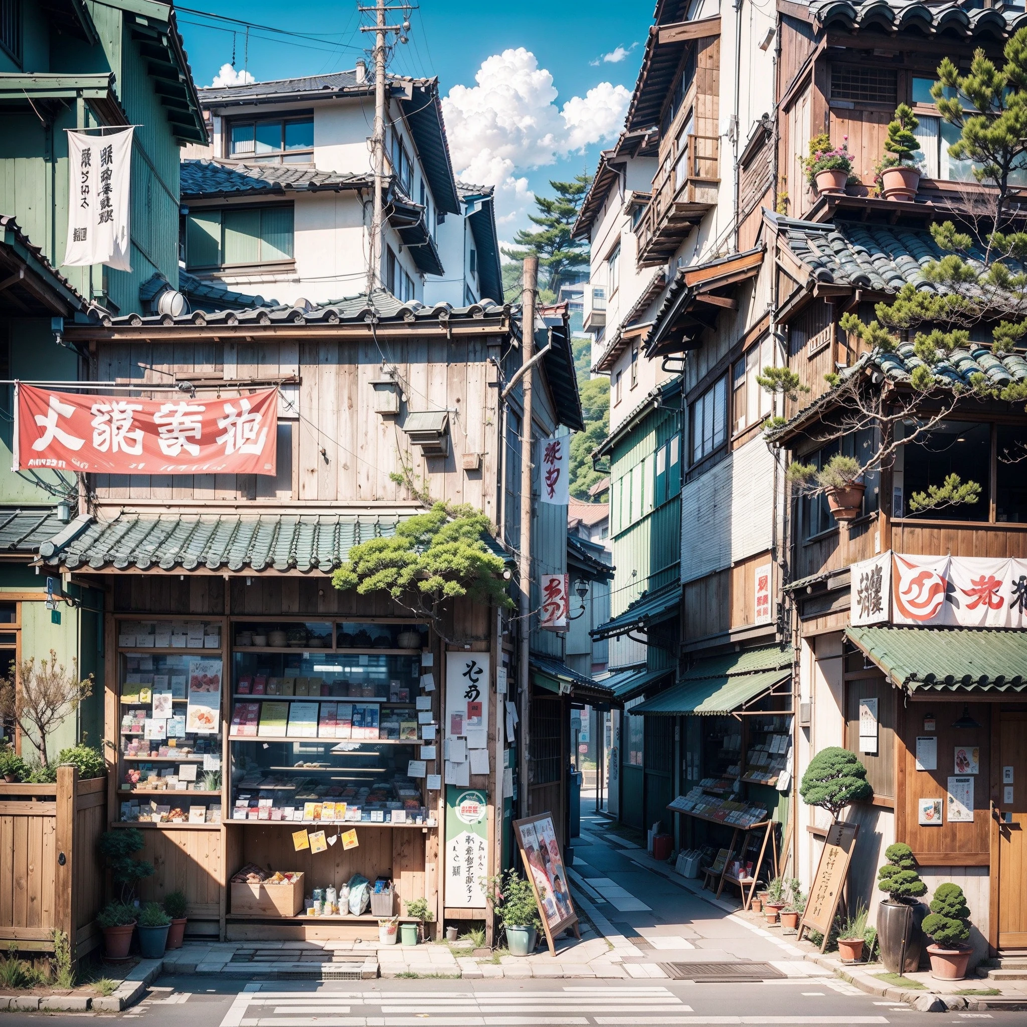 sunny, beautiful weather. modern Japanese city street, japanese shop. Best quality. No one in sight. Anime. Anime style. lofi. dramatic weather. wide view, wide angle. Next to street. Modern village