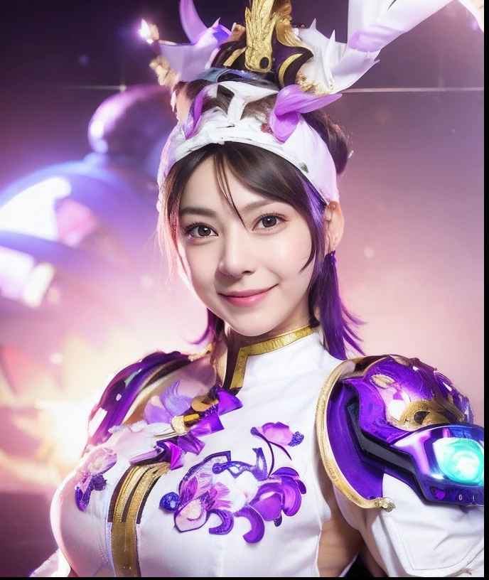 Smiling woman in white and purple costume
