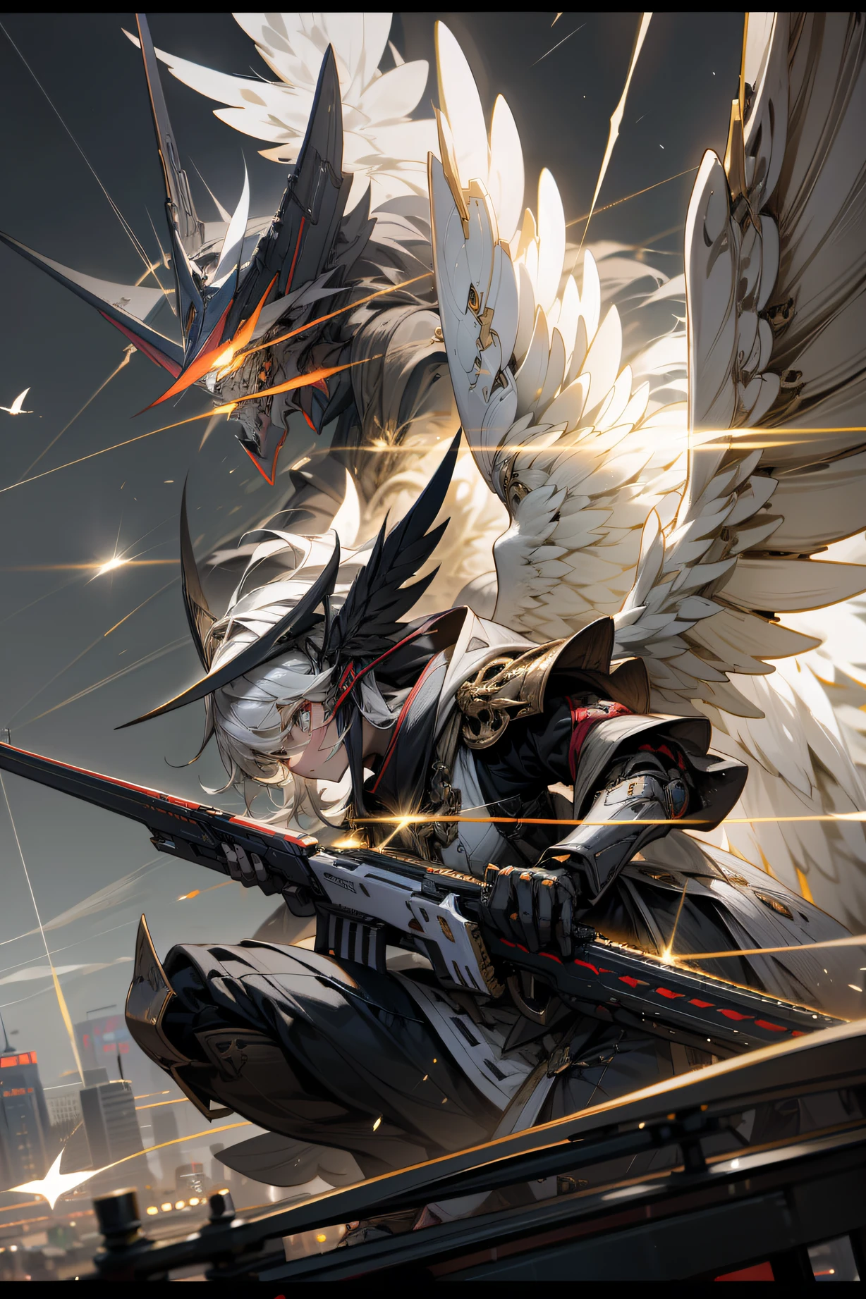 (tmasterpiece,best qualtiy:1.3),extremly high detail,复杂,8k,HDR,the wallpaper,cinmatic lighting,Skysky,flight,holdingweapon,with light glowing,armour,glowing light eyes,mechs,Realistis,mechs,large wings,Firearms,Aim for,shooting,Muzzle fire,spark of light