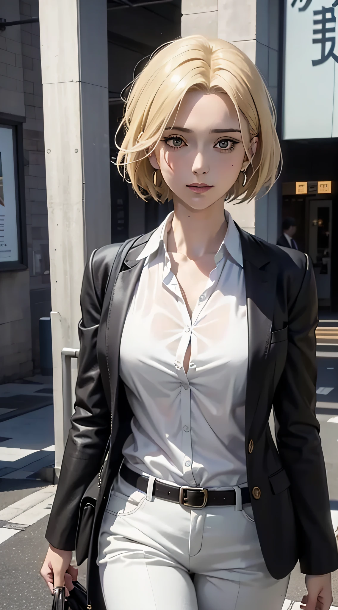 annie from anime Shingeki no Kyojin, short hair, blonde hair, pretty, beautiful woman, perfect body, perfect breasts, wears white formal shirt, black blazer, black trousers, carries bag, wears watch, wears earrings, in a public place, being in tokyo city, being on the street, looking at the viewer with a slight smile, realism, masterpiece, textured skin, super detailed, high detail, high quality, best quality, 1080p, 16k