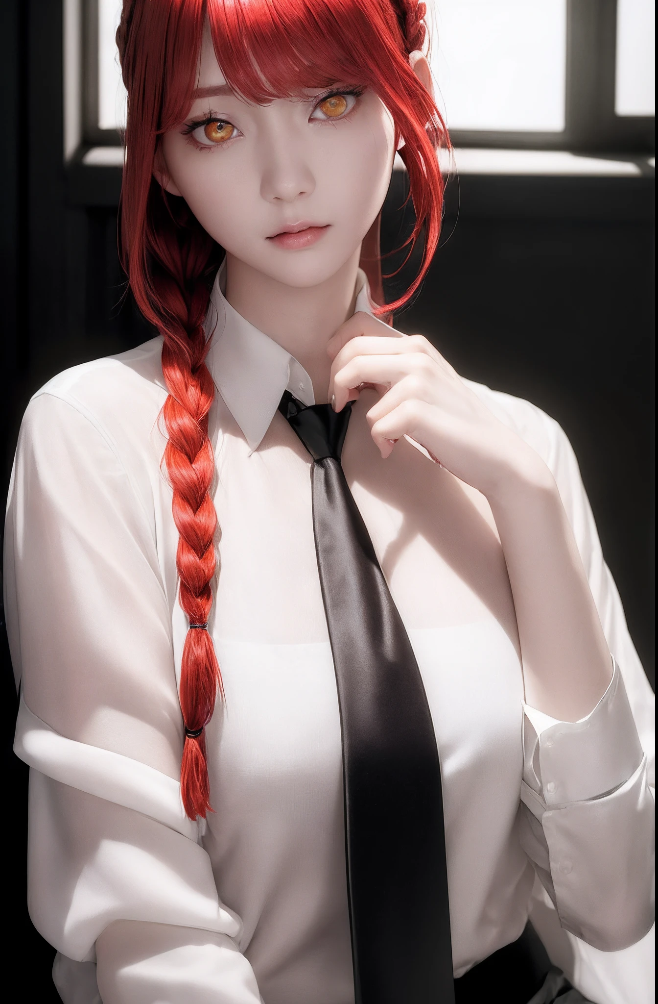 masterpiece, (photorealistic:1.4), best quality, beautiful lighting,
(ulzzang-6500:0.5), makima \(chainsaw man\), (red hair)+(long braided hair)+(bangs), yellow eyes, golden eyes, ((ringed eyes)), (white shirt), (necktie),
RAW photo, 8k uhd, film grain