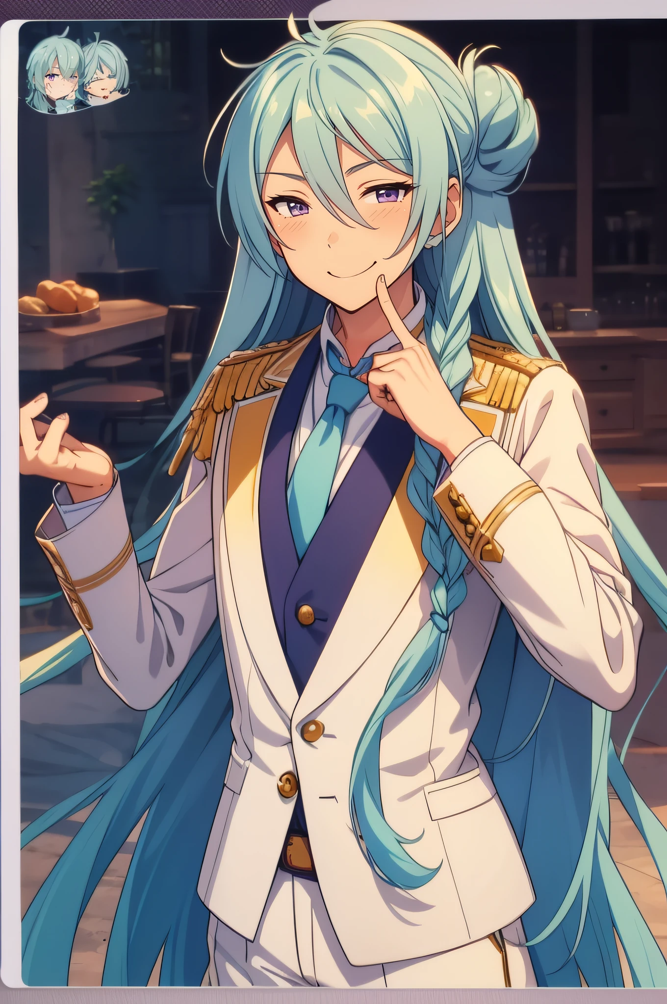 purple eyes, smile, blush, wataru hibiki