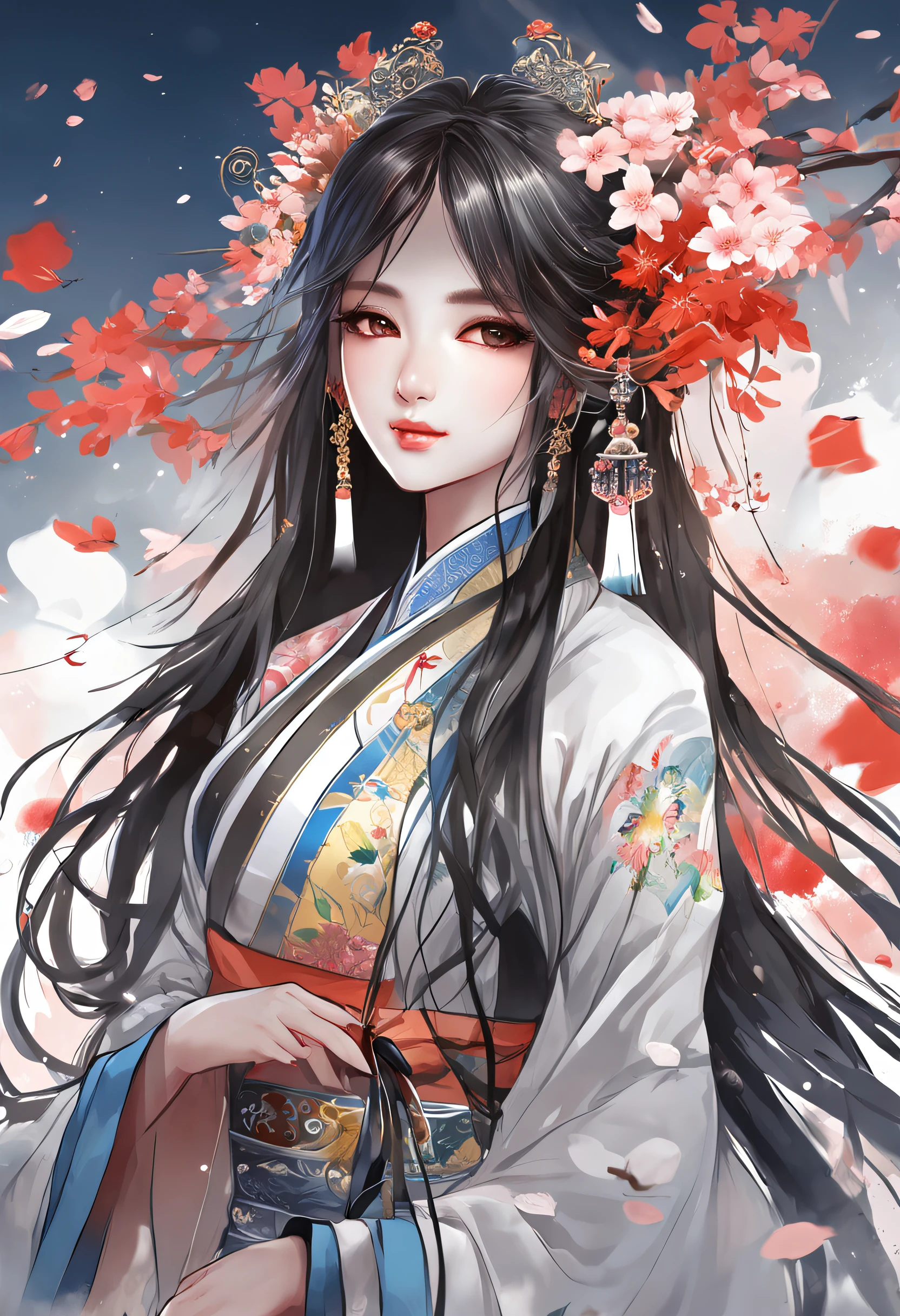(illustration:1.8),(best quality),(masterpiece:1.5),masterpiece,png,(extremely detailed CG unity 8k wallpaper), (colorful),warm,Chinese style,(ink splashing),(color splashing),((watercolor)),(1 Chinese girl:1.8),solo, depth of field,dramatic angle,(Silver detailed cyan_ribbon and white flowers in the girl's long black_hair:1.25), (detailed black_hair:1.35), ,((gold_black Taoist robes:1.35)),(braid), (detailed beautiful face:1.3),detailed symmetrical_Blue_eyes,,
(Ancient palace background far away:1.55),A slight light, (pink flower:1.2),chiaroscuro, ((lotus) in beautiful detailed flowing_clouds_sea:1.3), Rayleigh scattering,(feather headdress:1.15)