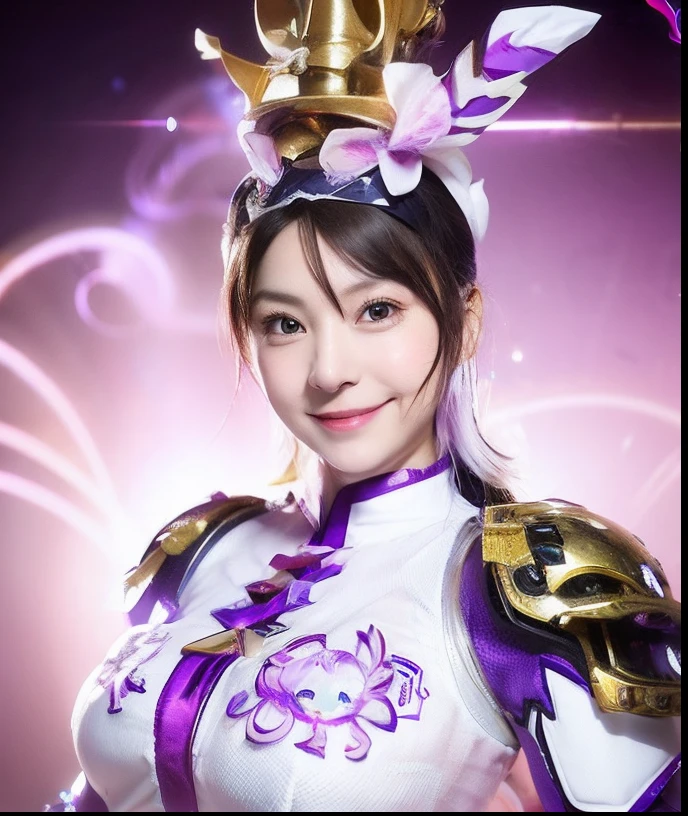 Smiling woman in white and purple costume
