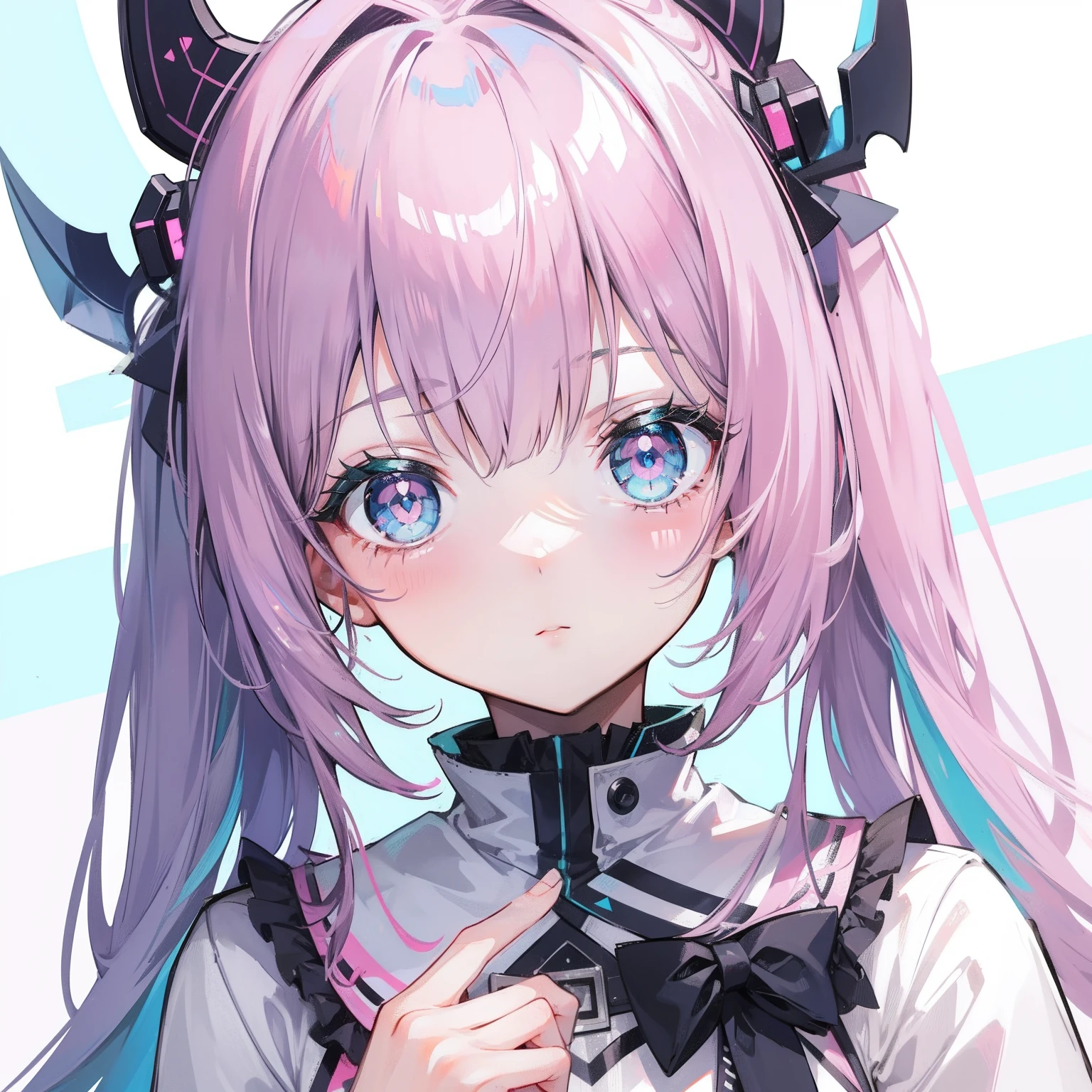 Gray-pink bangs,Blue-green pupils,It's a cute girl