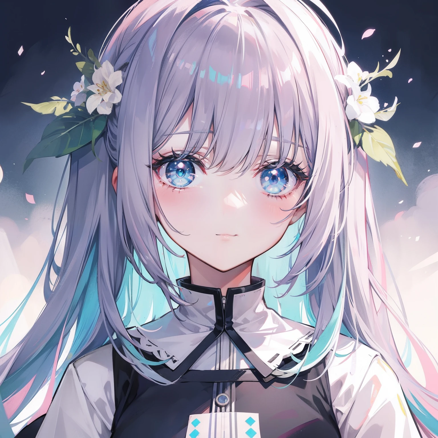 Gray-pink bangs,Blue-green pupils,It's a cute girl